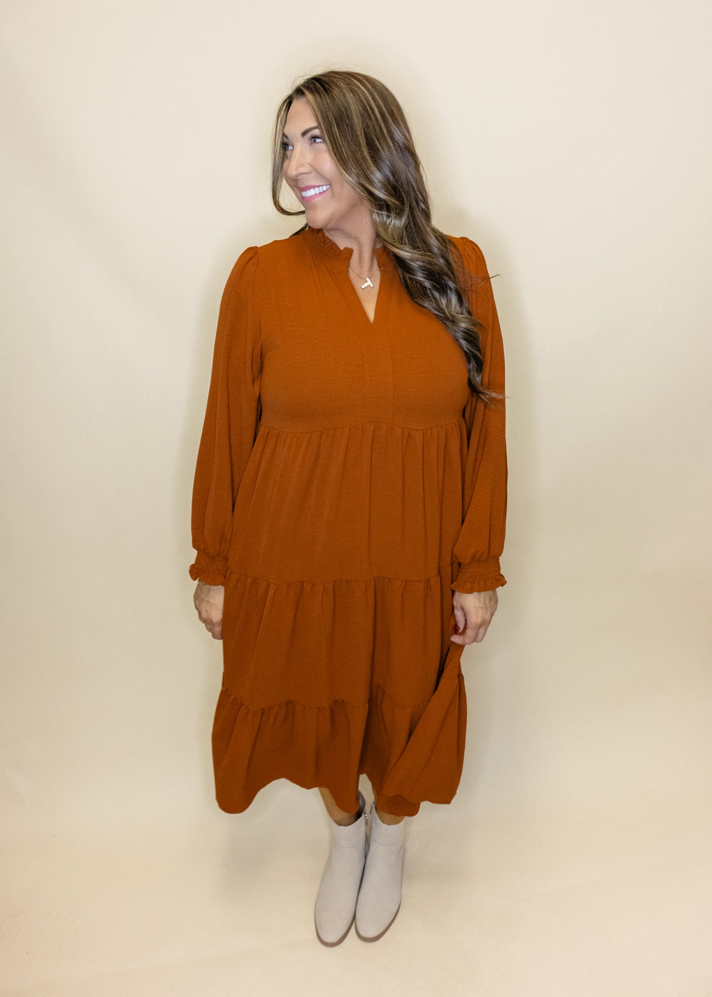 Toffee Long Sleeve Midi Dress