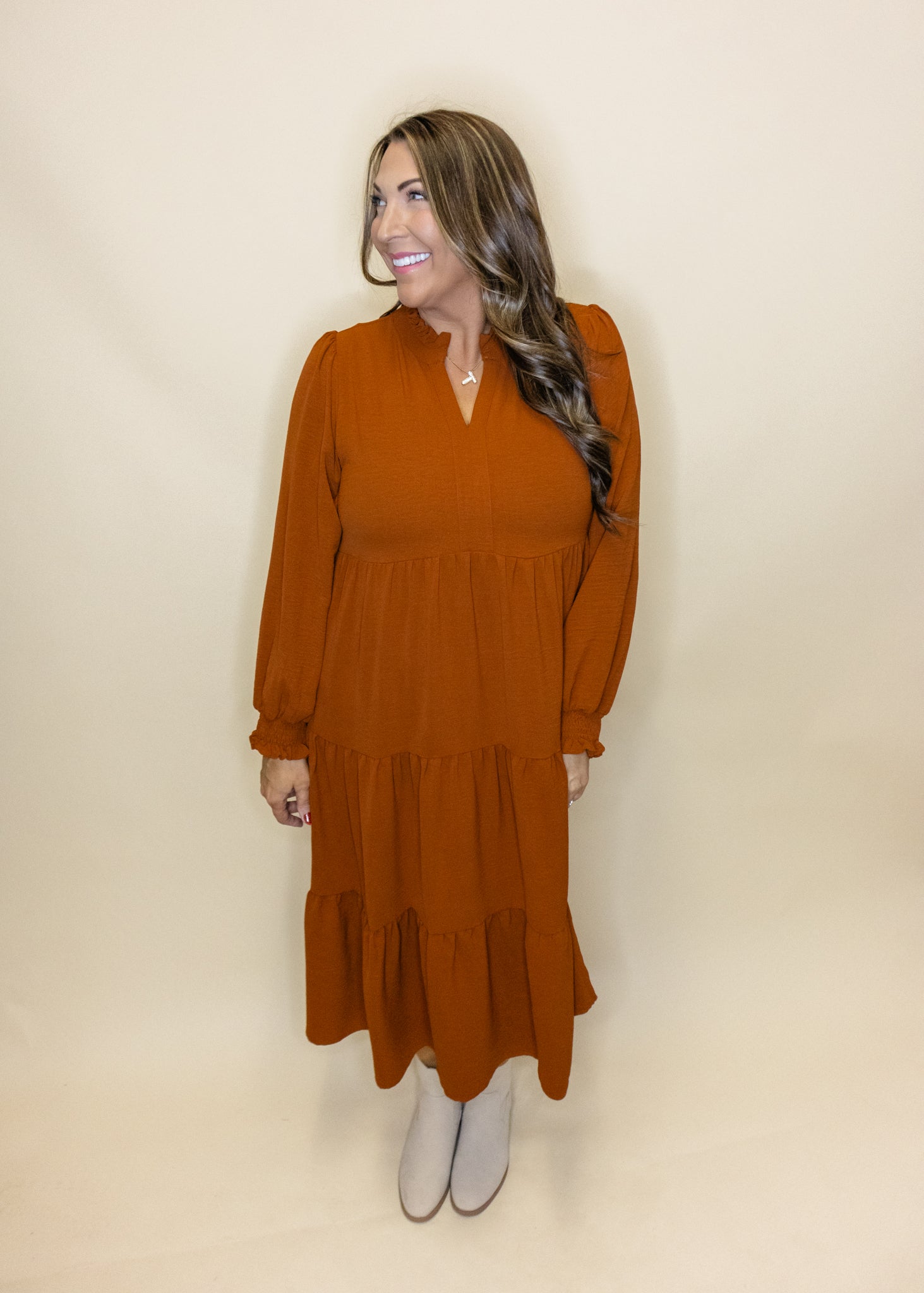 Toffee Long Sleeve Midi Dress