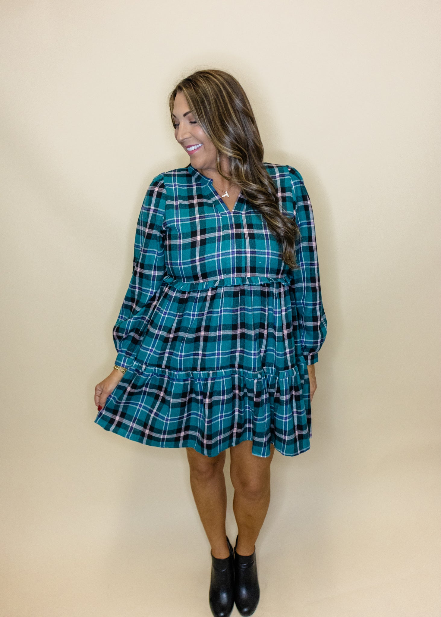 Green Plaid Tiered Dress