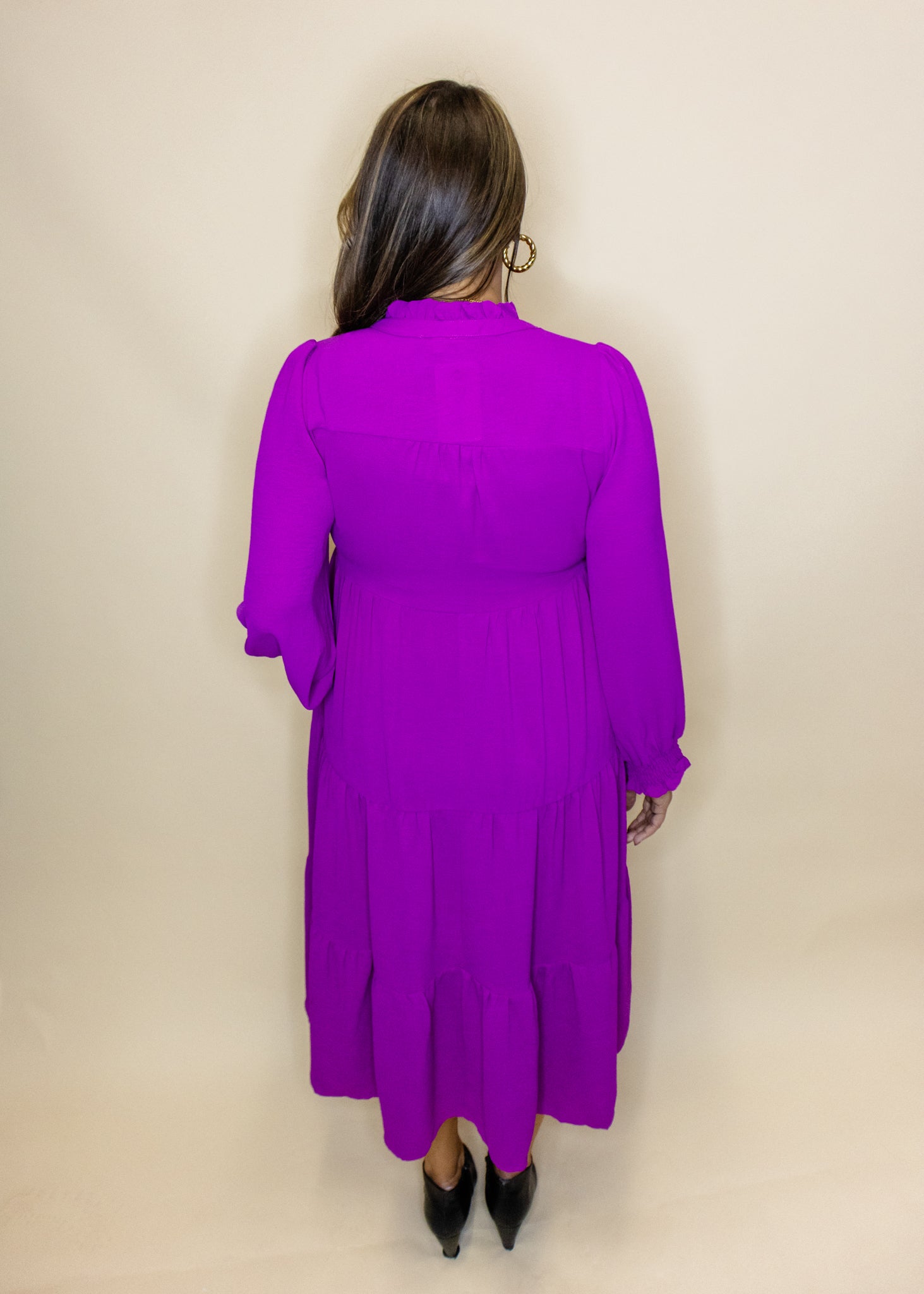 Magenta Long Sleeve Midi Dress