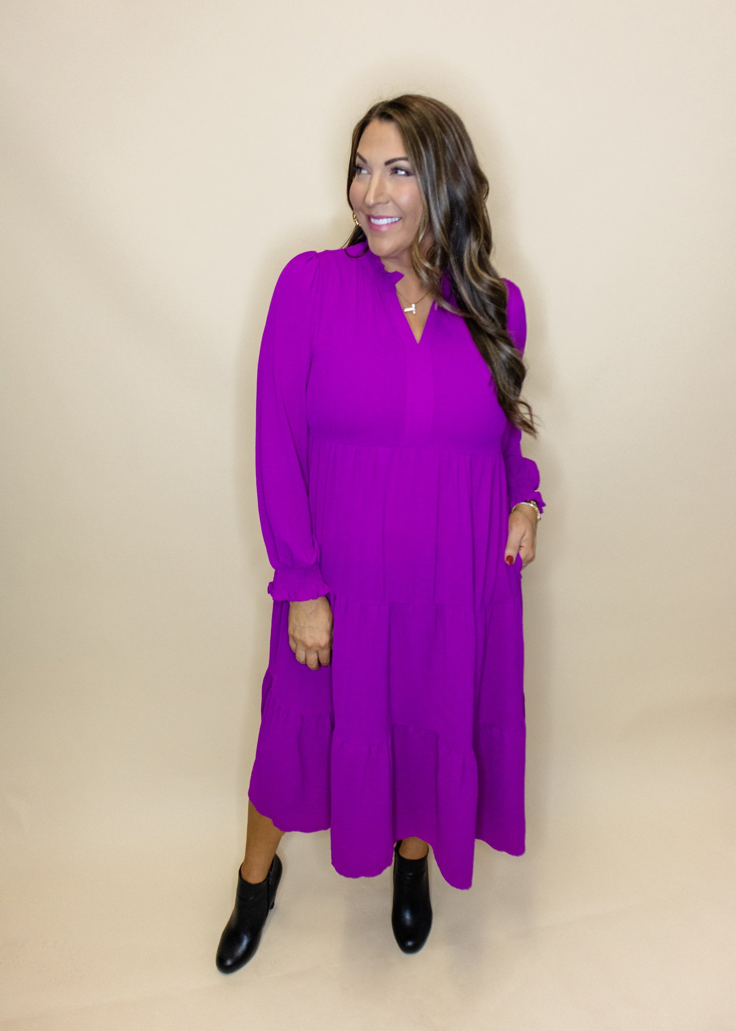 Magenta Long Sleeve Midi Dress