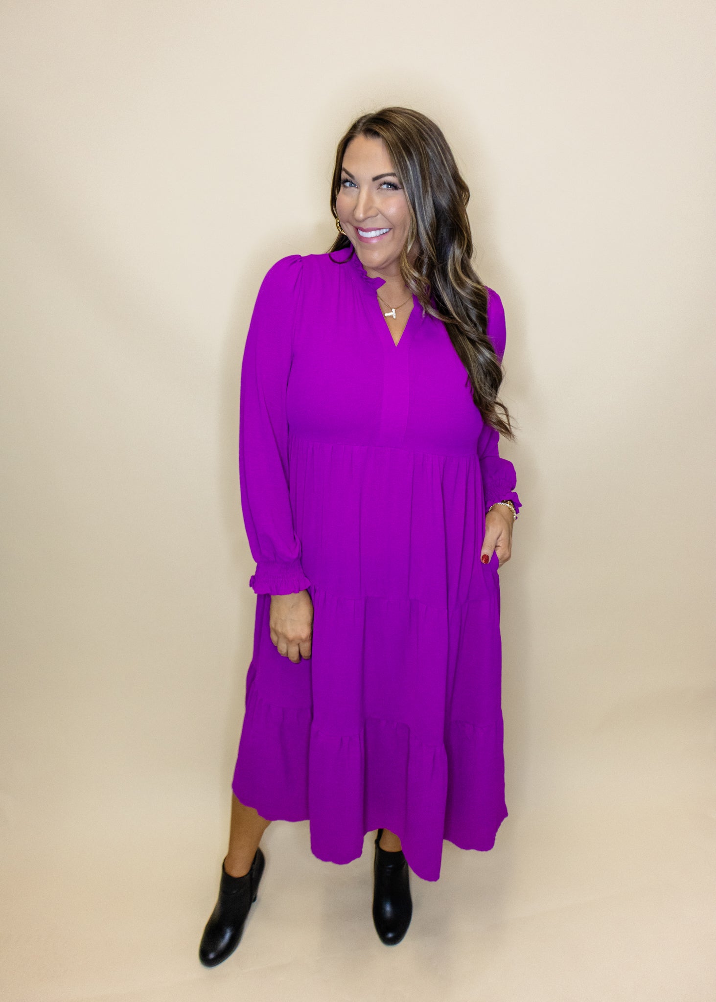 Magenta Long Sleeve Midi Dress