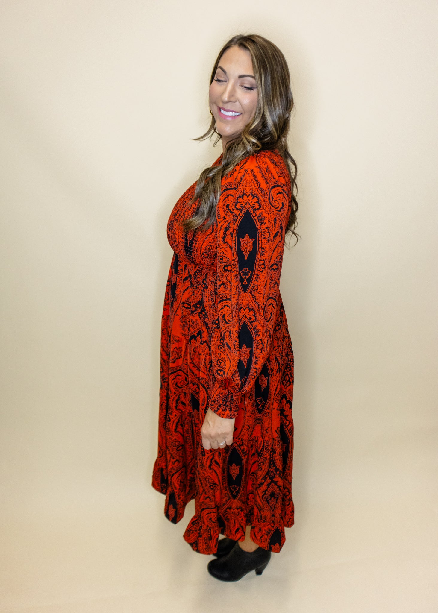 Orange Print Smocked Midi Dress