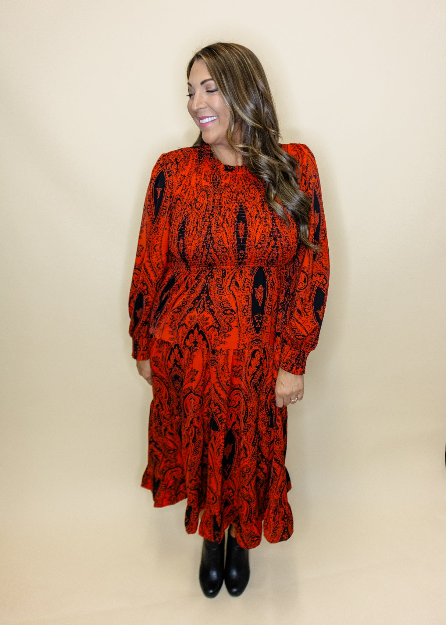 Orange Print Smocked Midi Dress