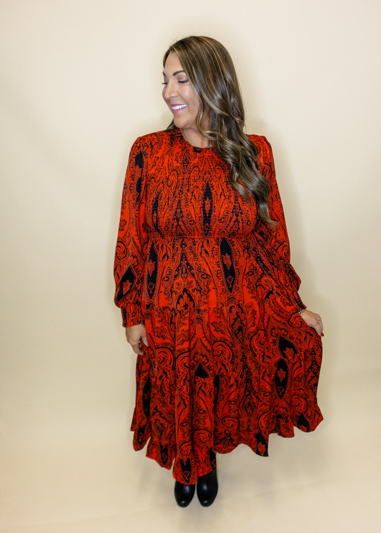 Orange Print Smocked Midi Dress