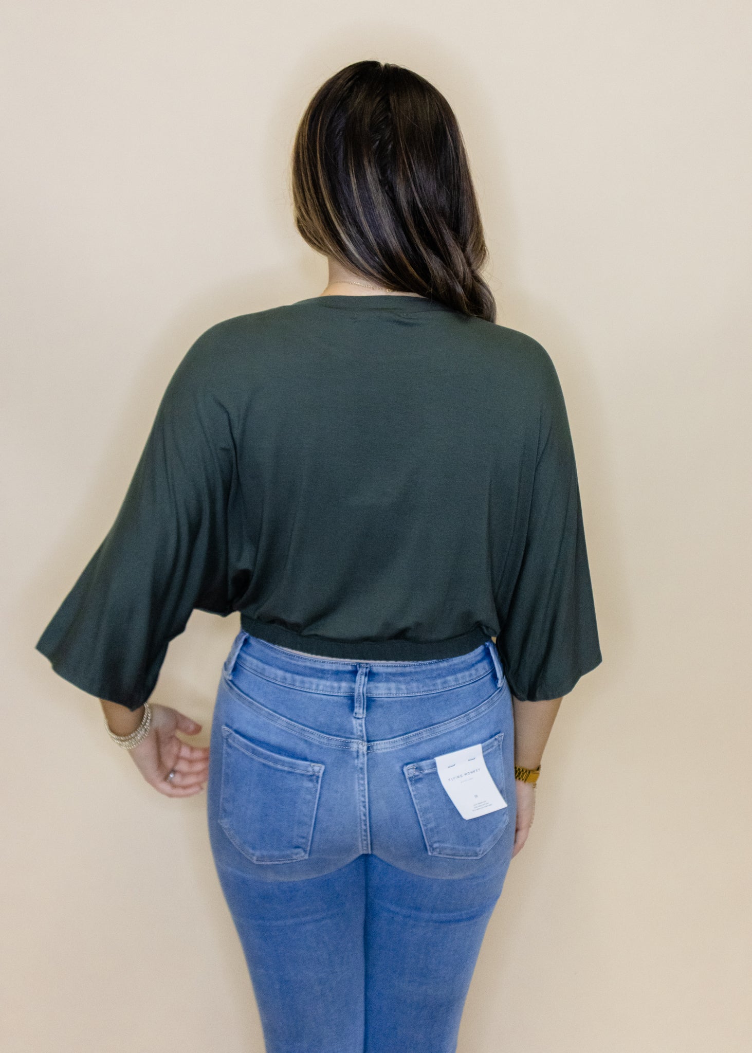 Olive Elastic Bottom Flowy Top