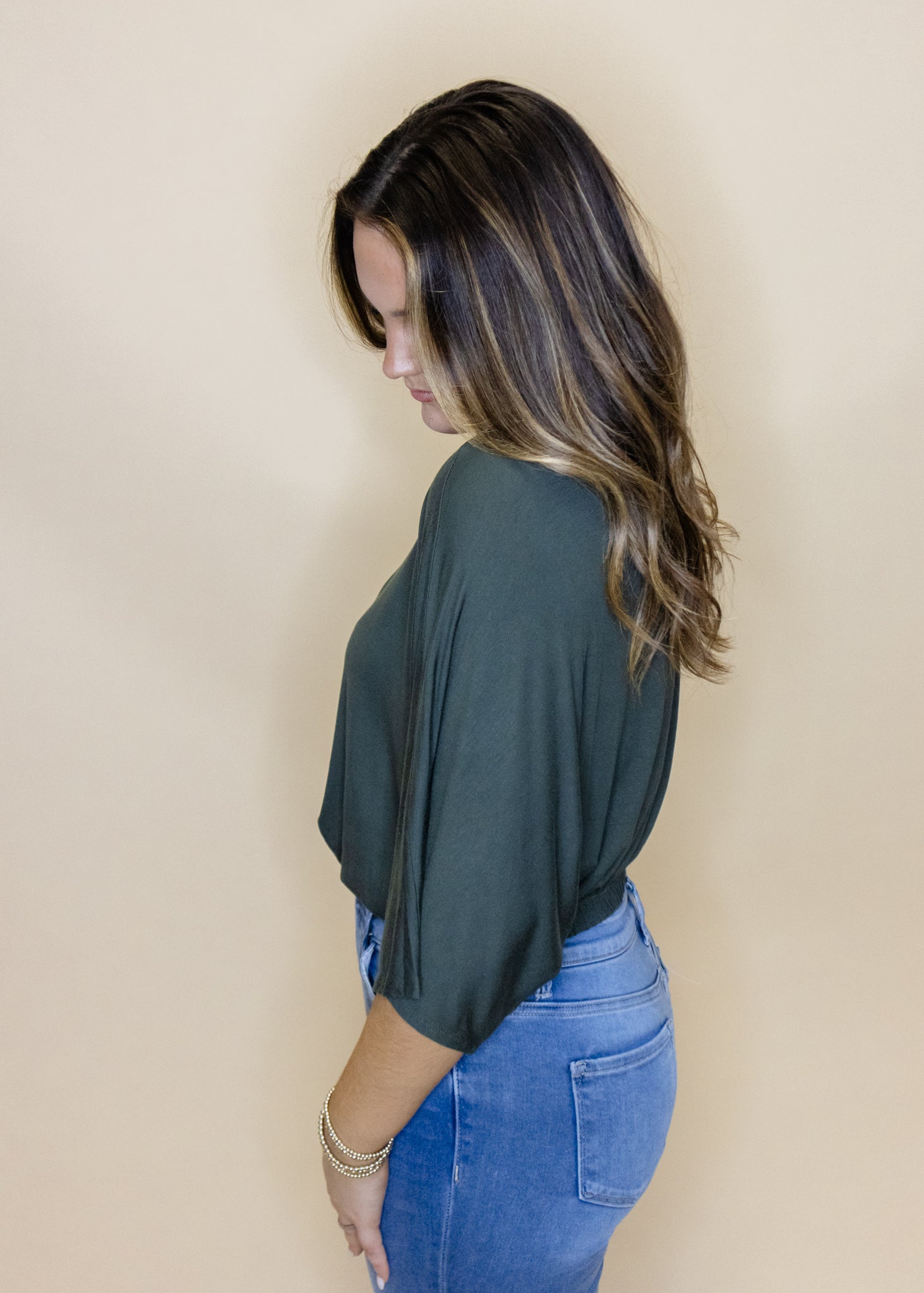 Olive Elastic Bottom Flowy Top