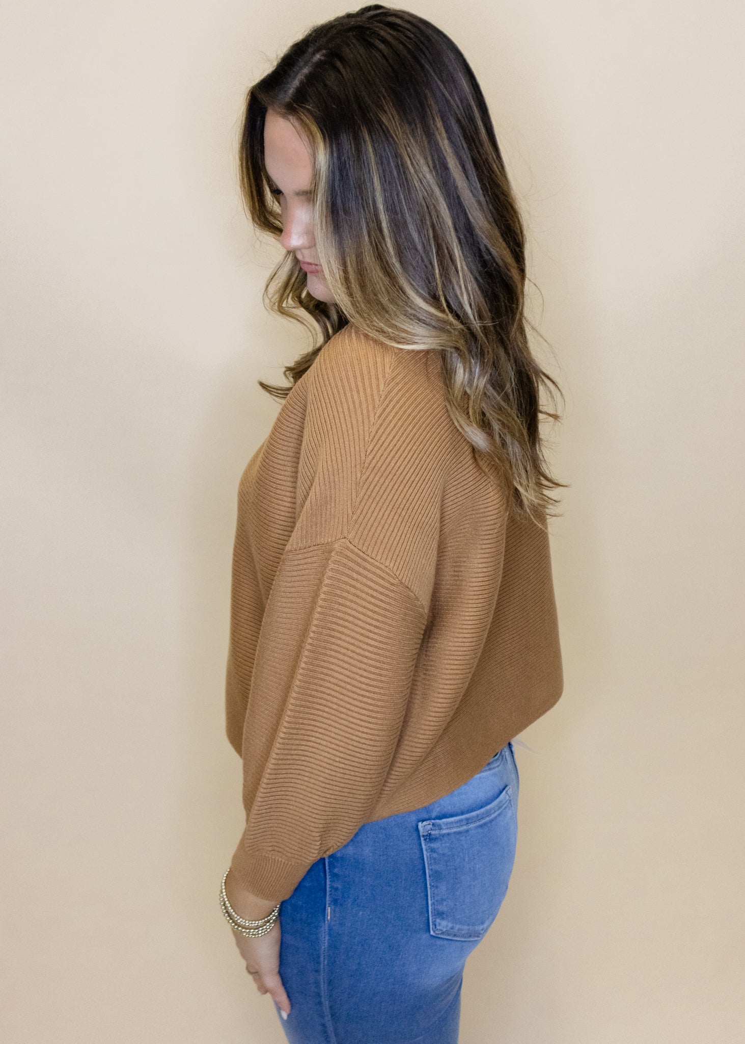 Camel Mock Balloon Sleeve Sweater