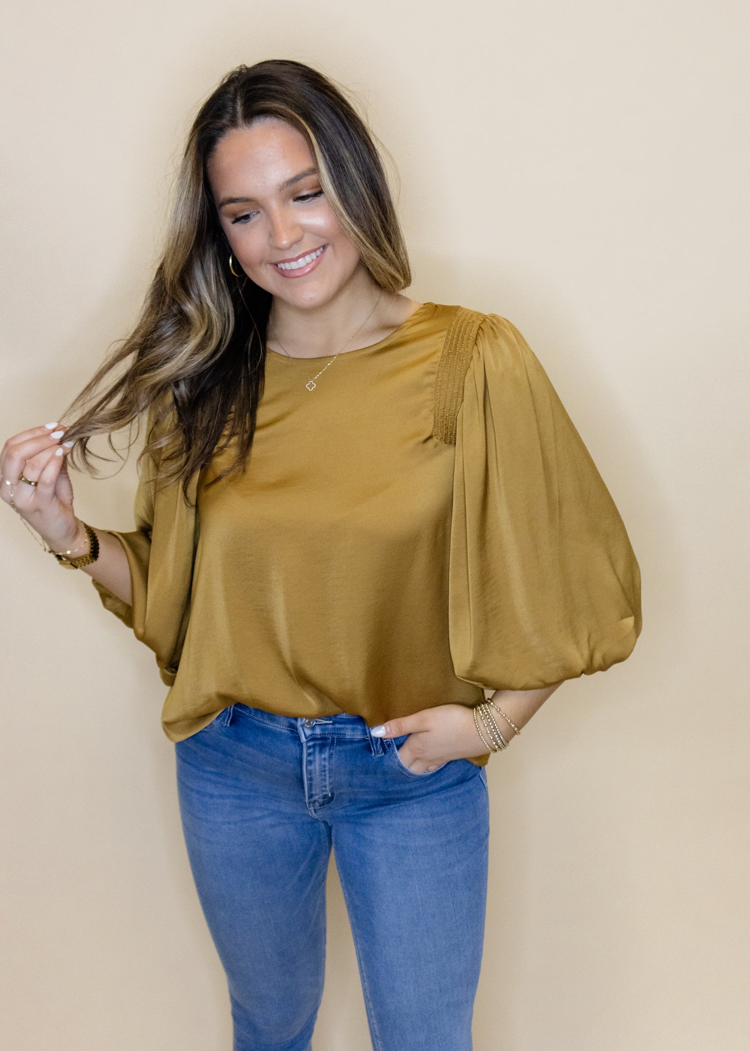 Toffee Chiffon Balloon Sleeve Top