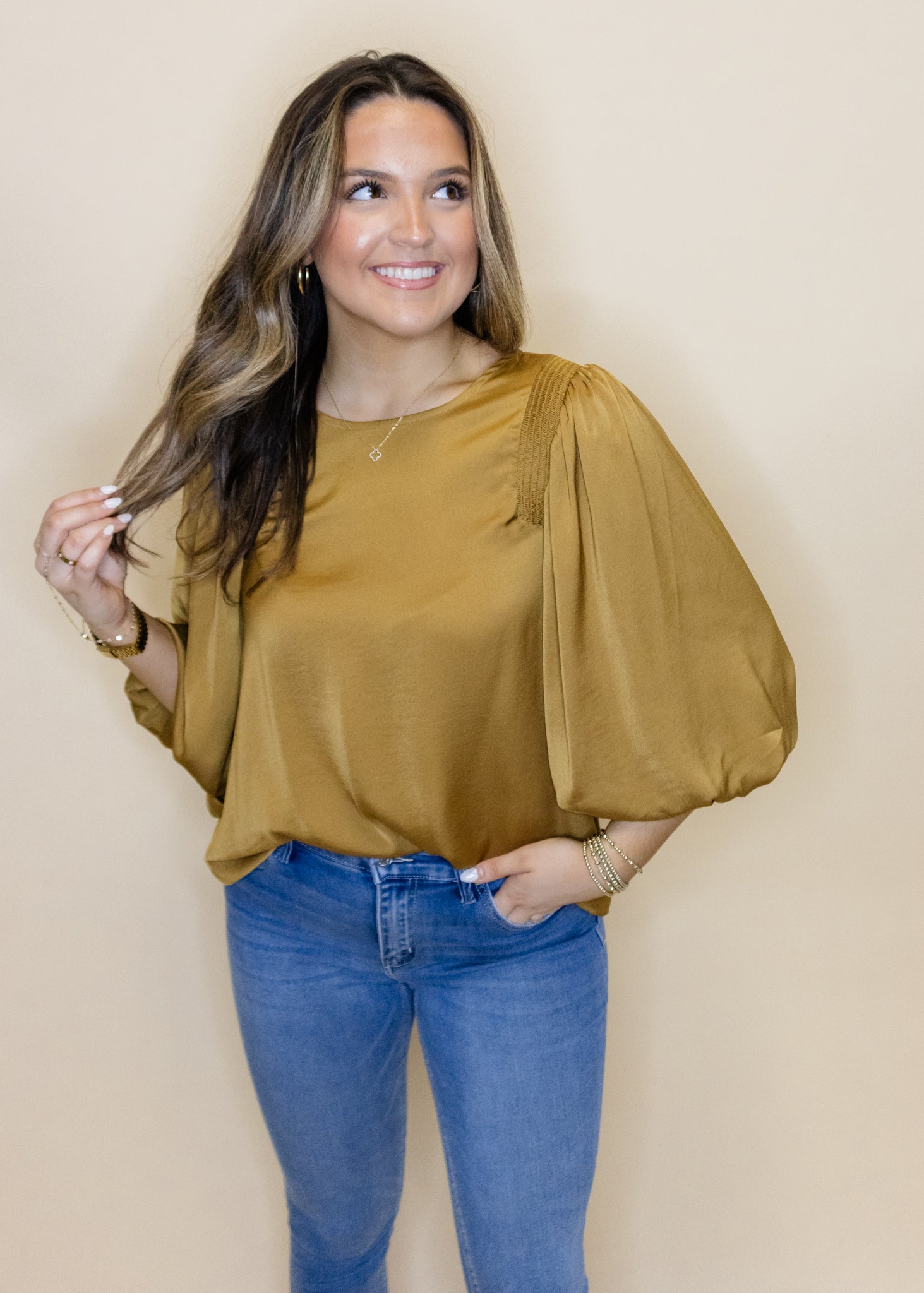 Toffee Chiffon Balloon Sleeve Top