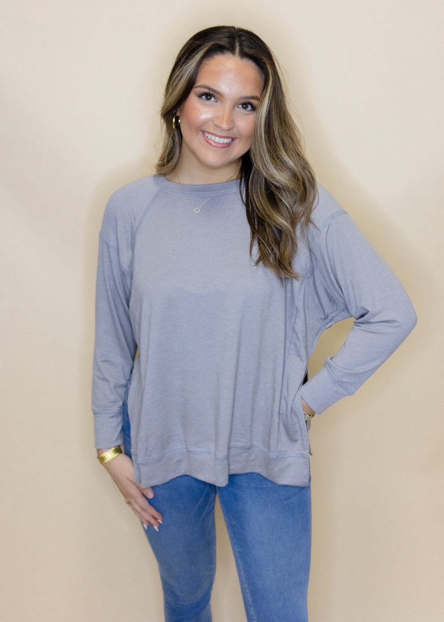 Grey Solid Split Side Top