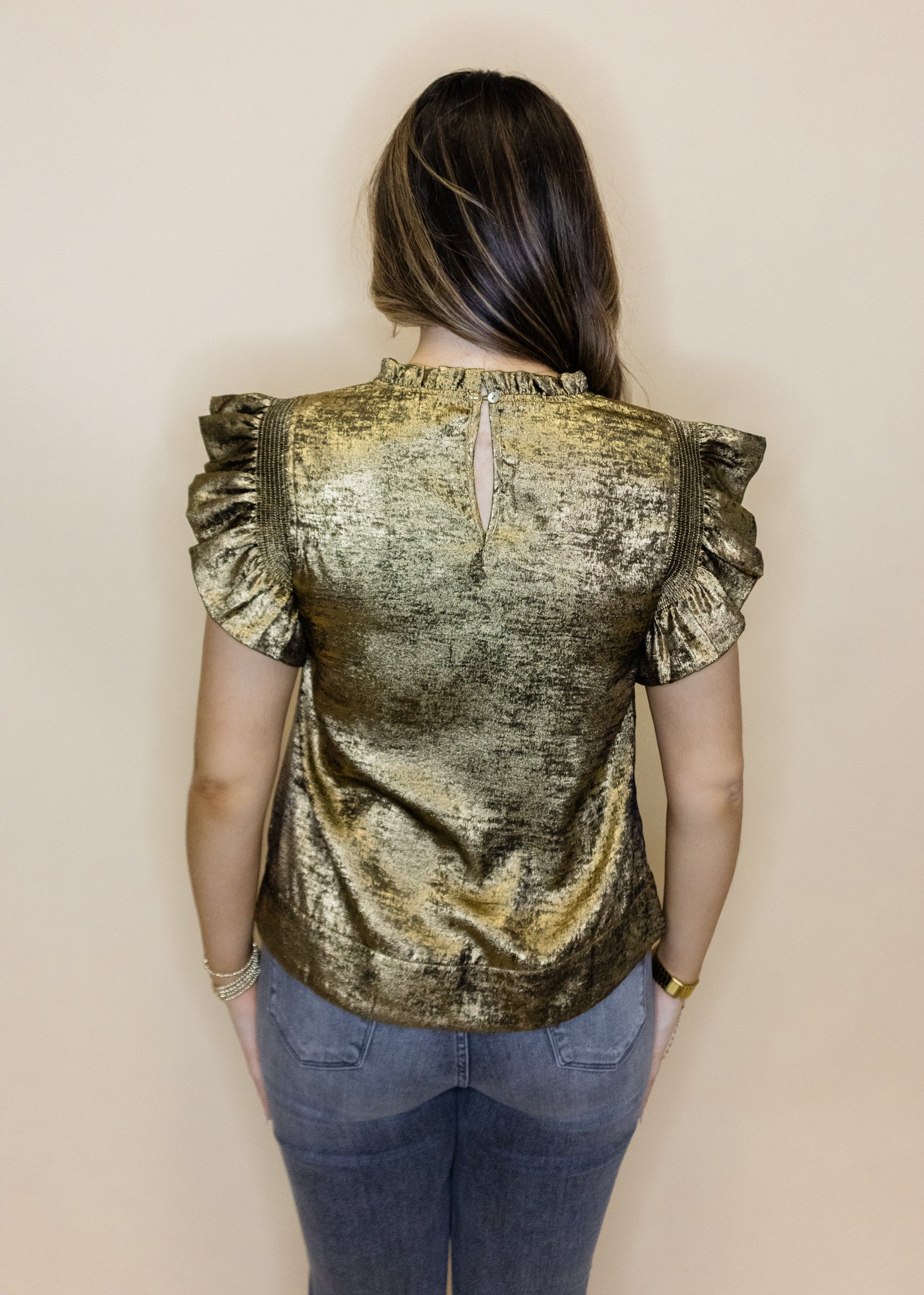 Black Metallic Frilled Sleeve Top