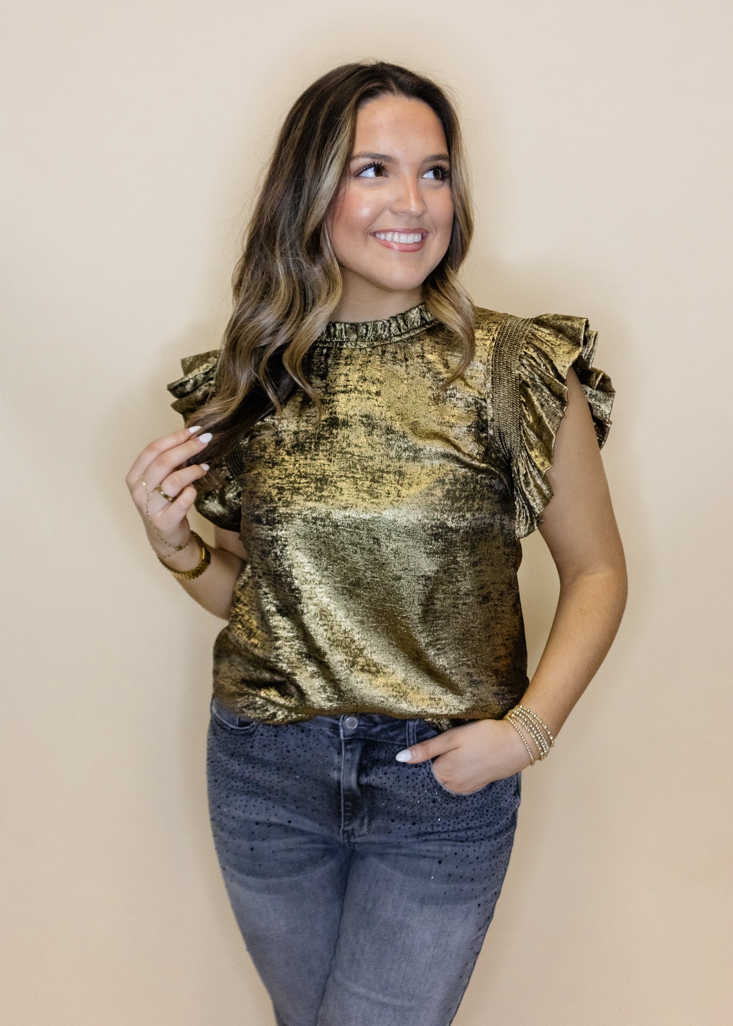 Black Metallic Frilled Sleeve Top