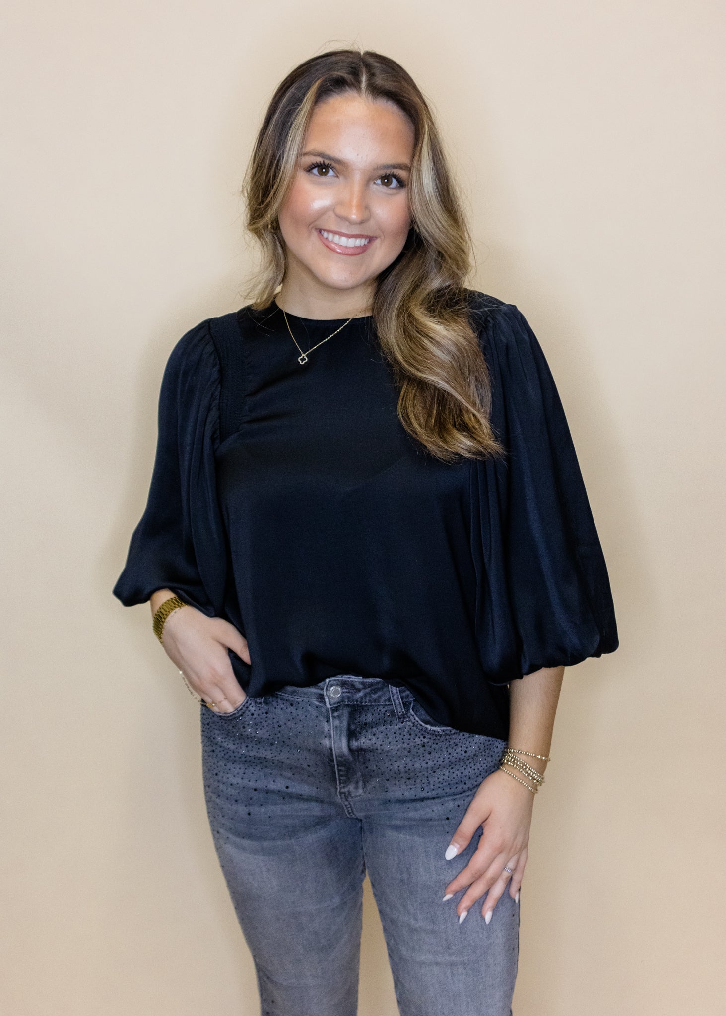 Black Chiffon Balloon Sleeve Top