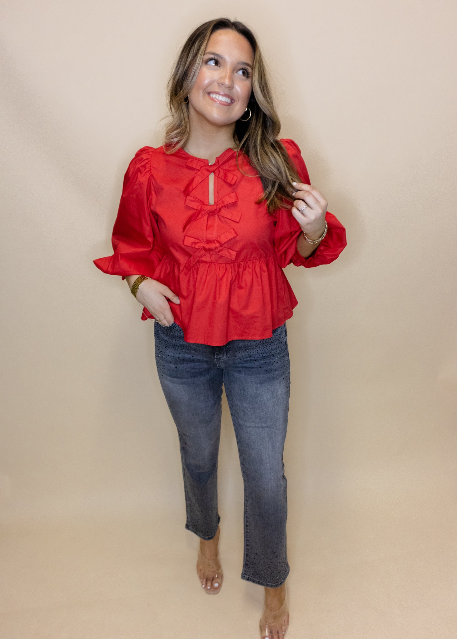 Red Triple Bow Peplum Top