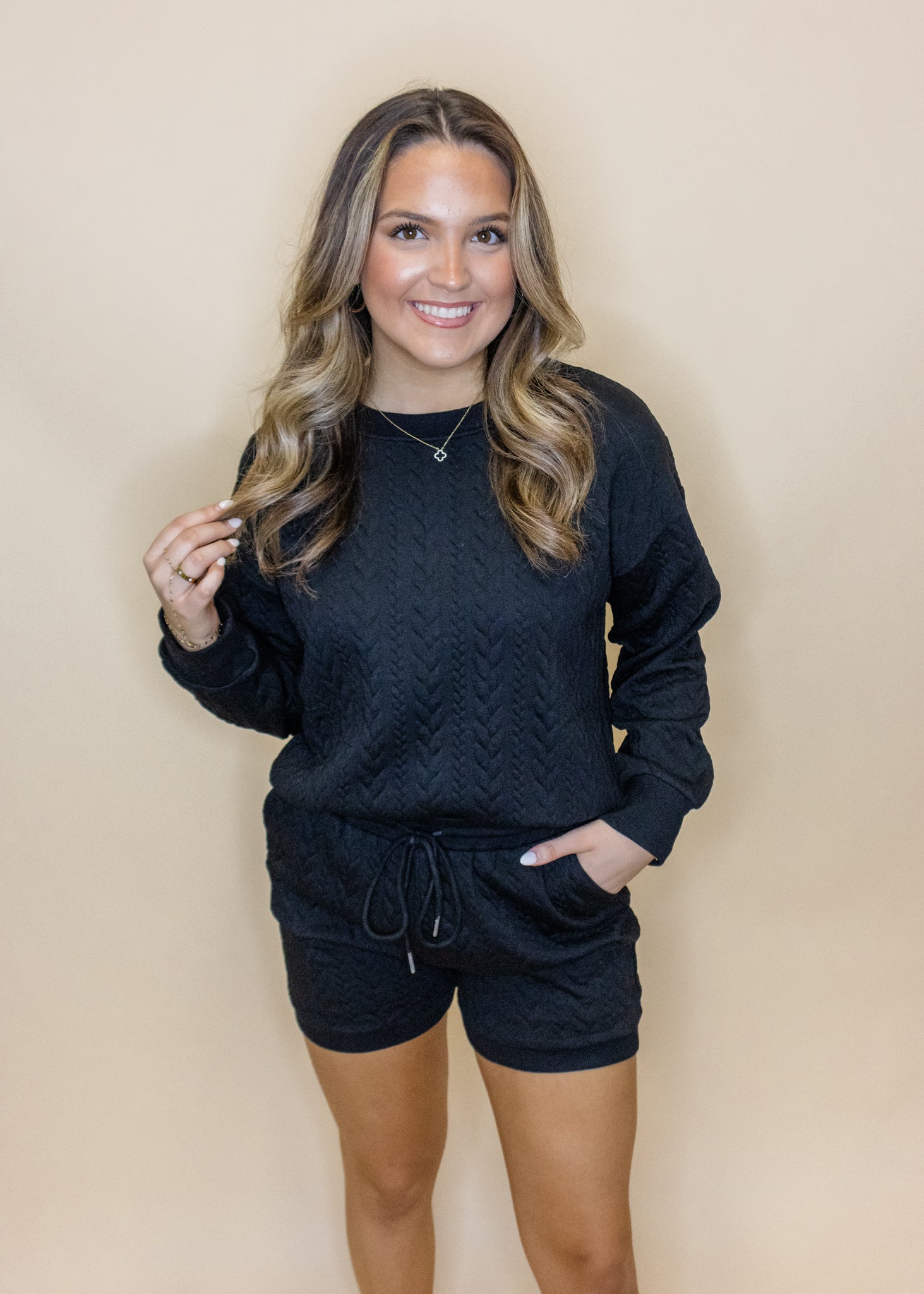 Black Cable Knit Shorts Set