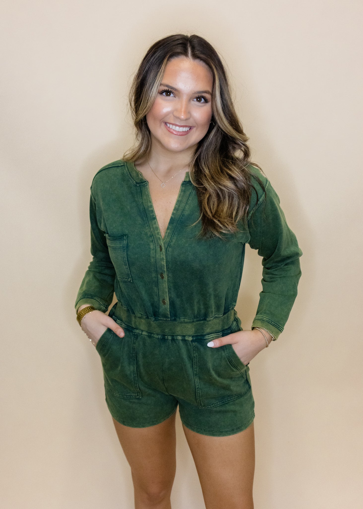 Olive Washed Pocket Romper