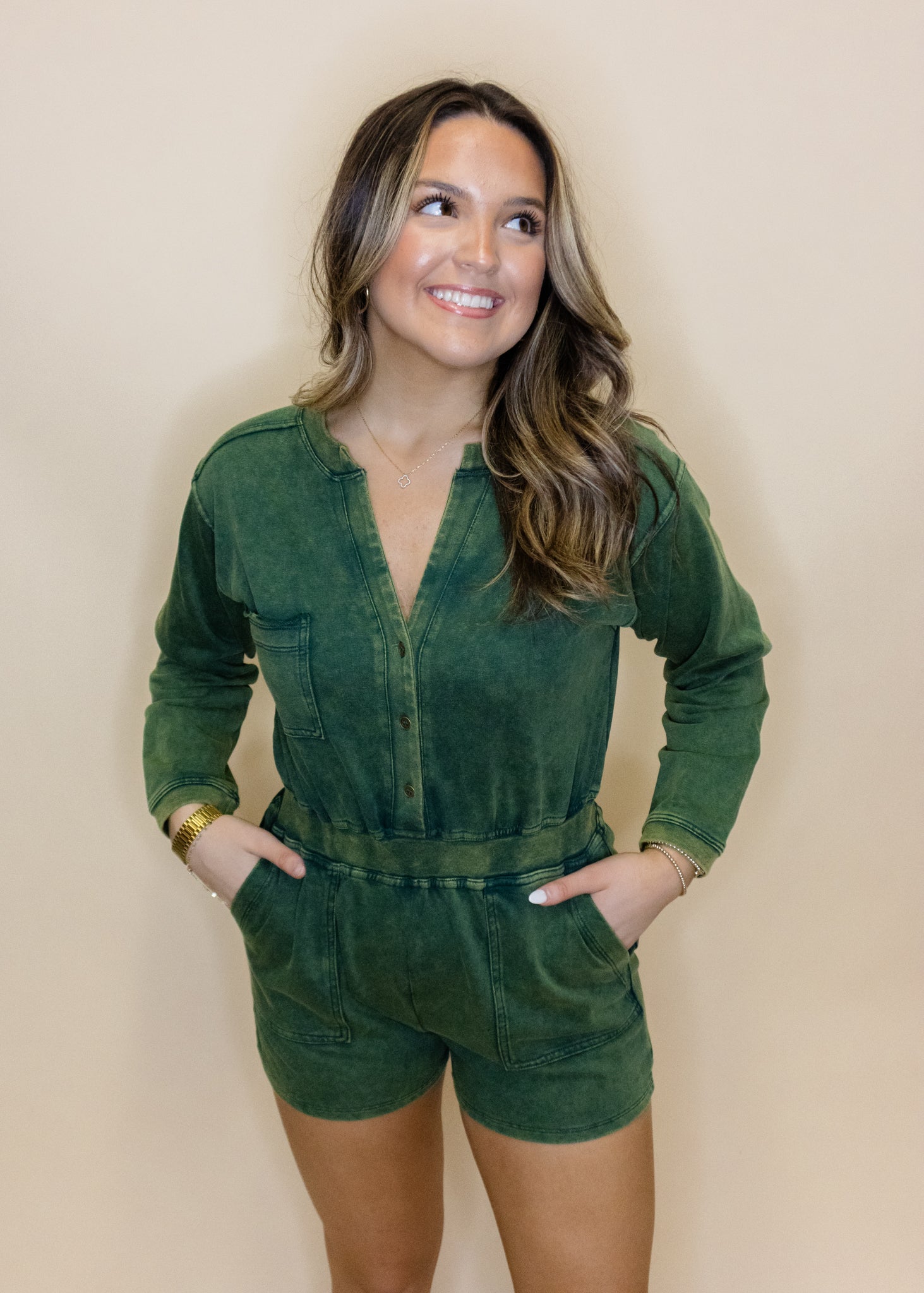 Olive Washed Pocket Romper