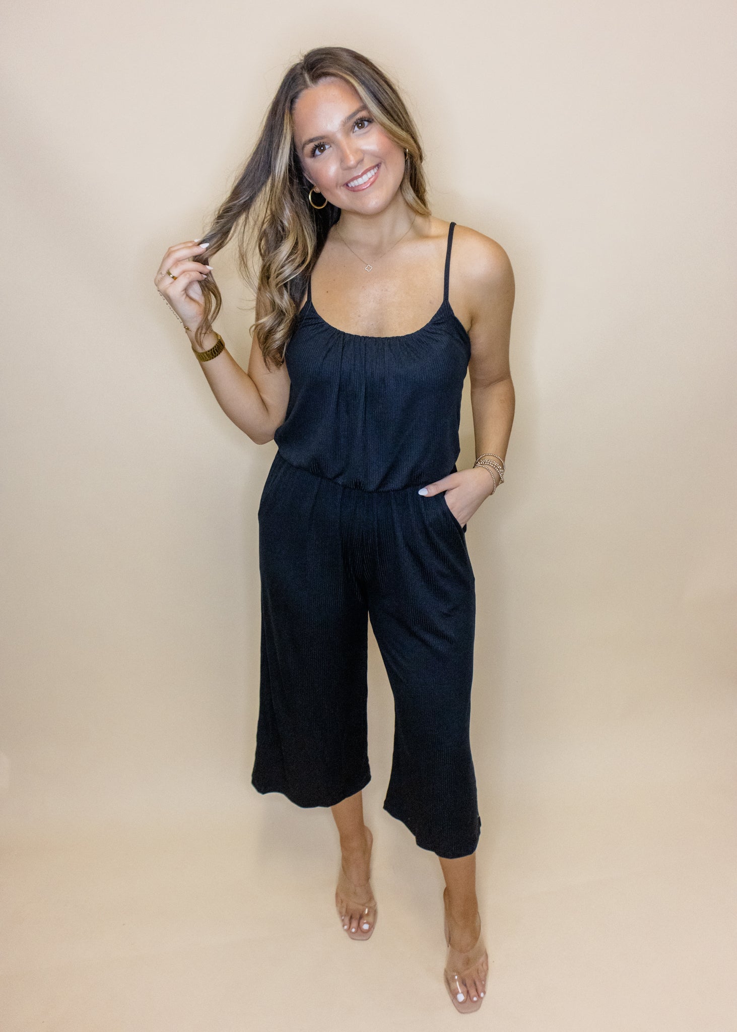 Black Cropped Jersey Jumpsuit