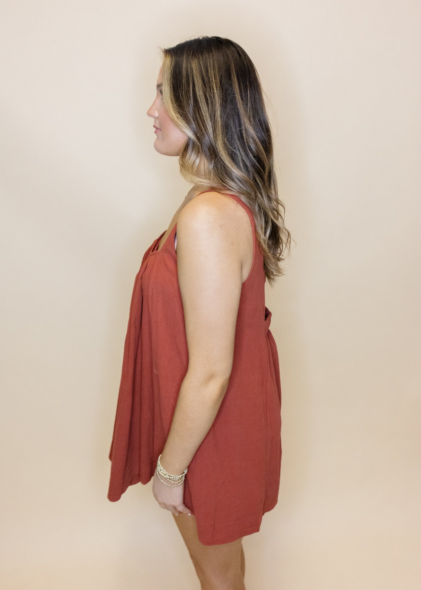 Rust Open Back Smocked Dress