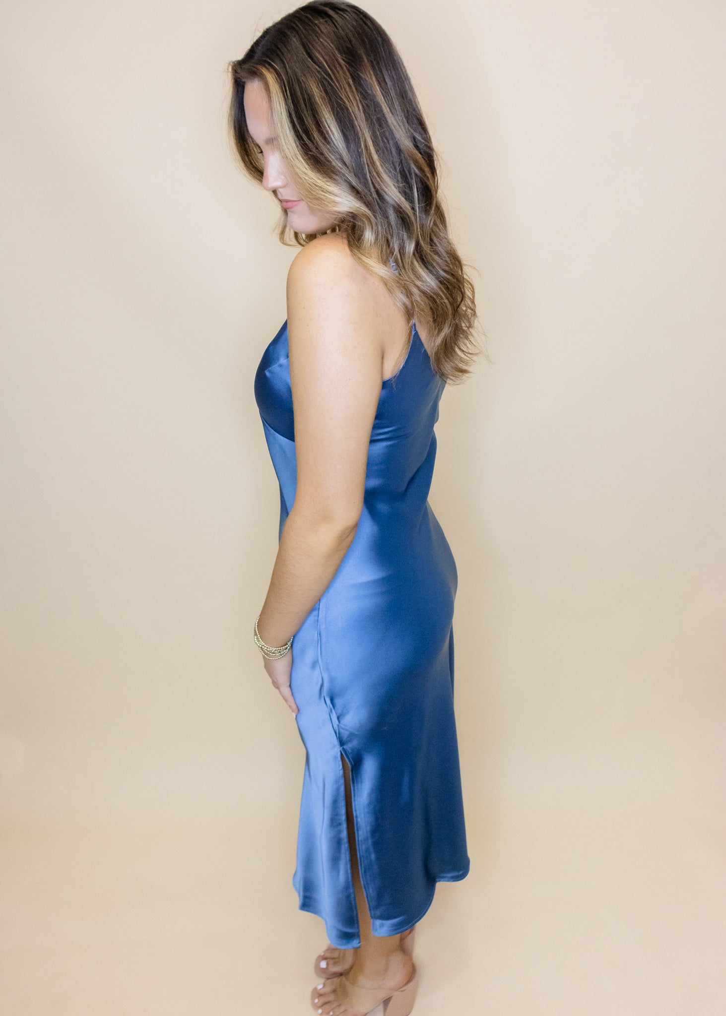 Blue Satin Midi Dress