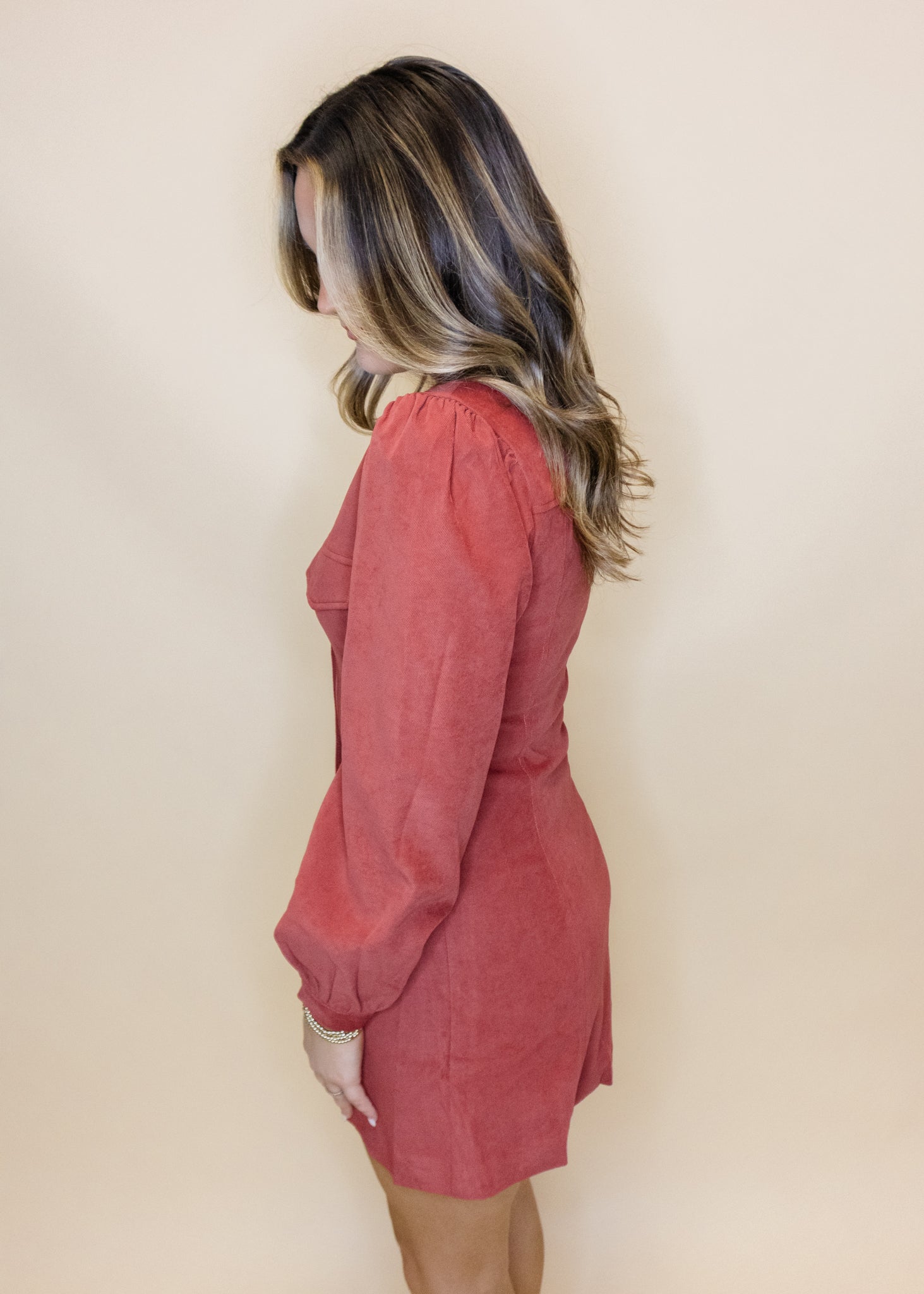 Red Corduroy Long Sleeve Dress