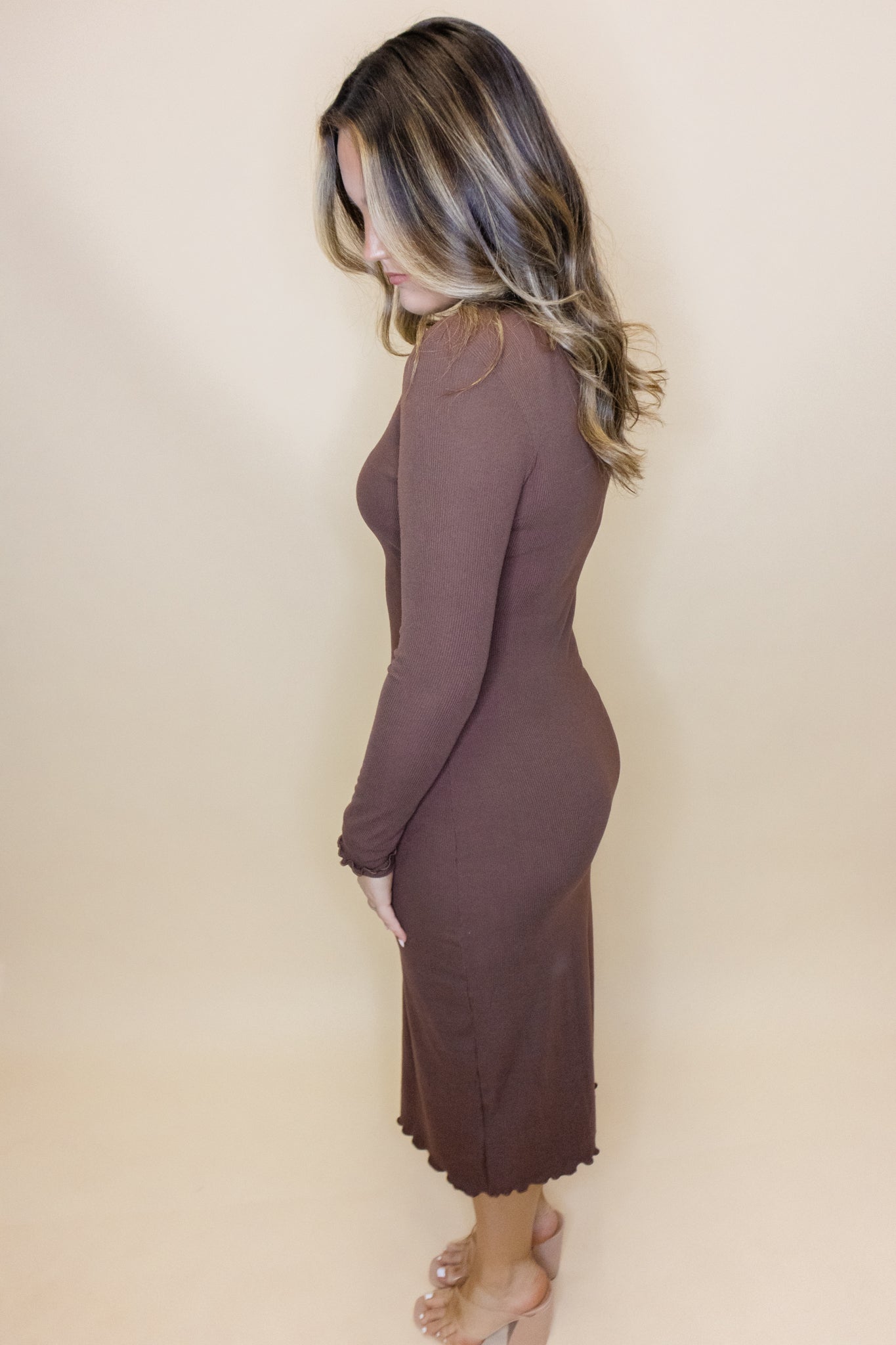 Brown Long Sleeve Midi Dress