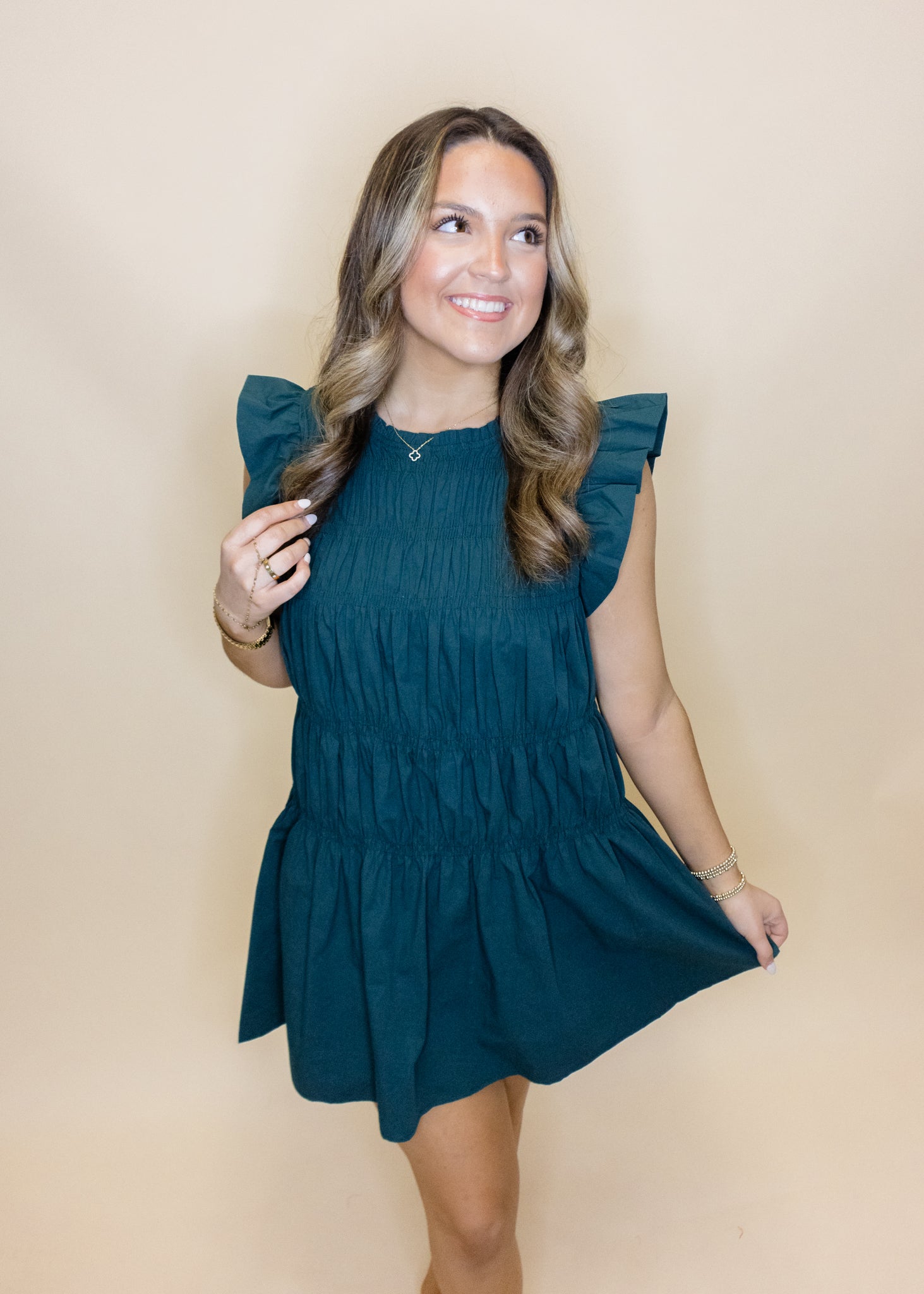 Hunter Green Smocked Ruffle Dress