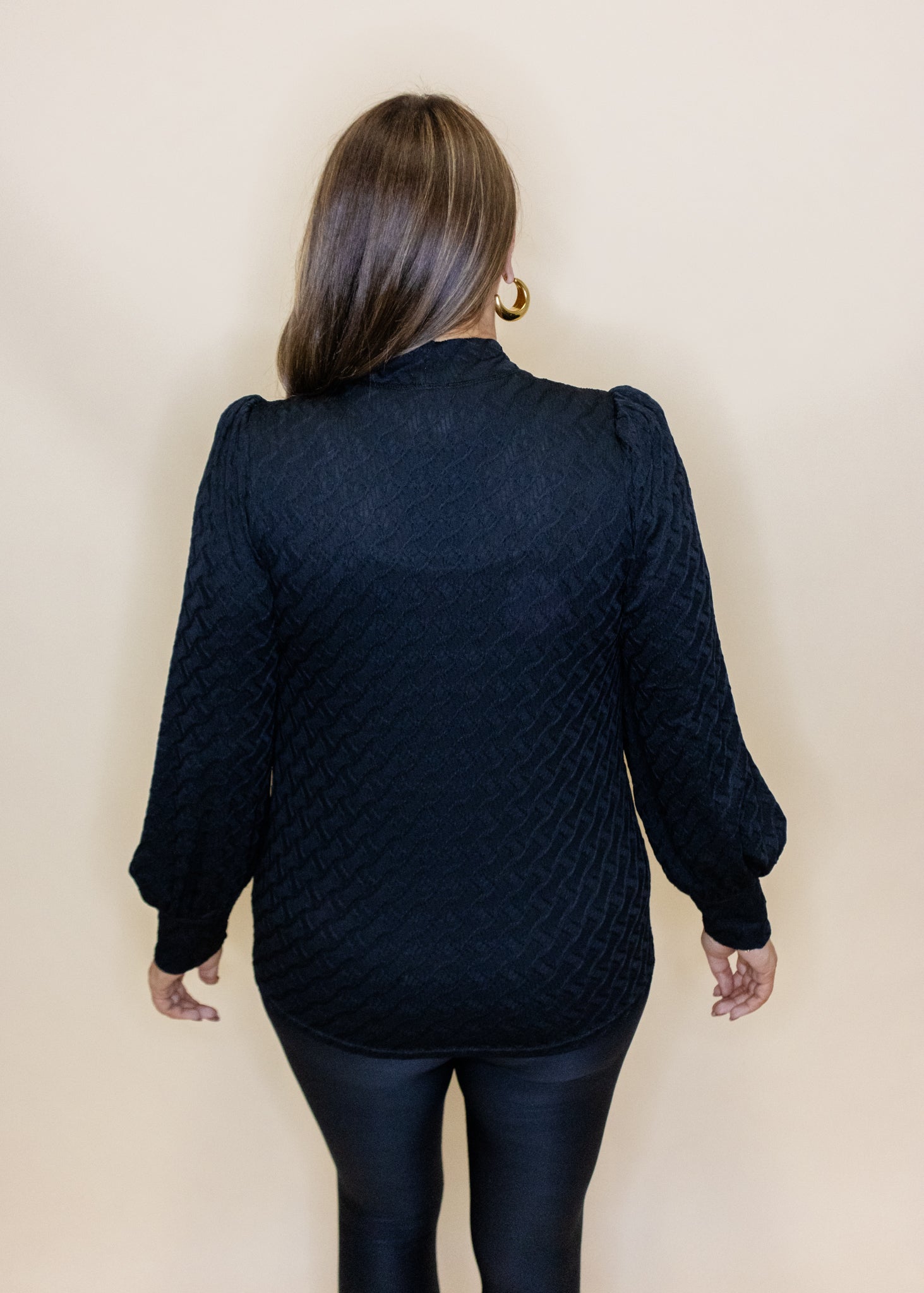 Black Textured Bishop Sleeve Top