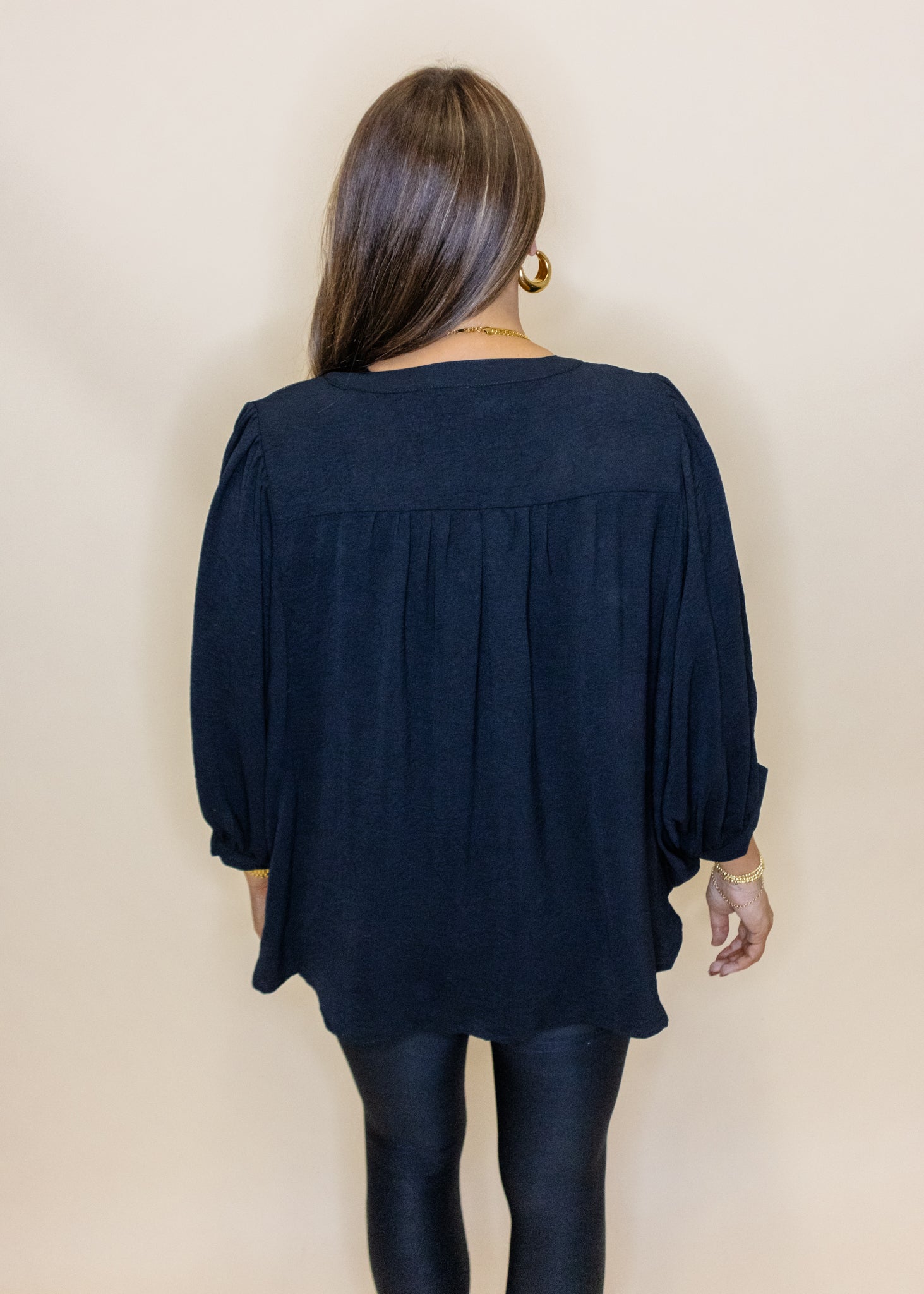 Black Solid Dolman V-Neck Top