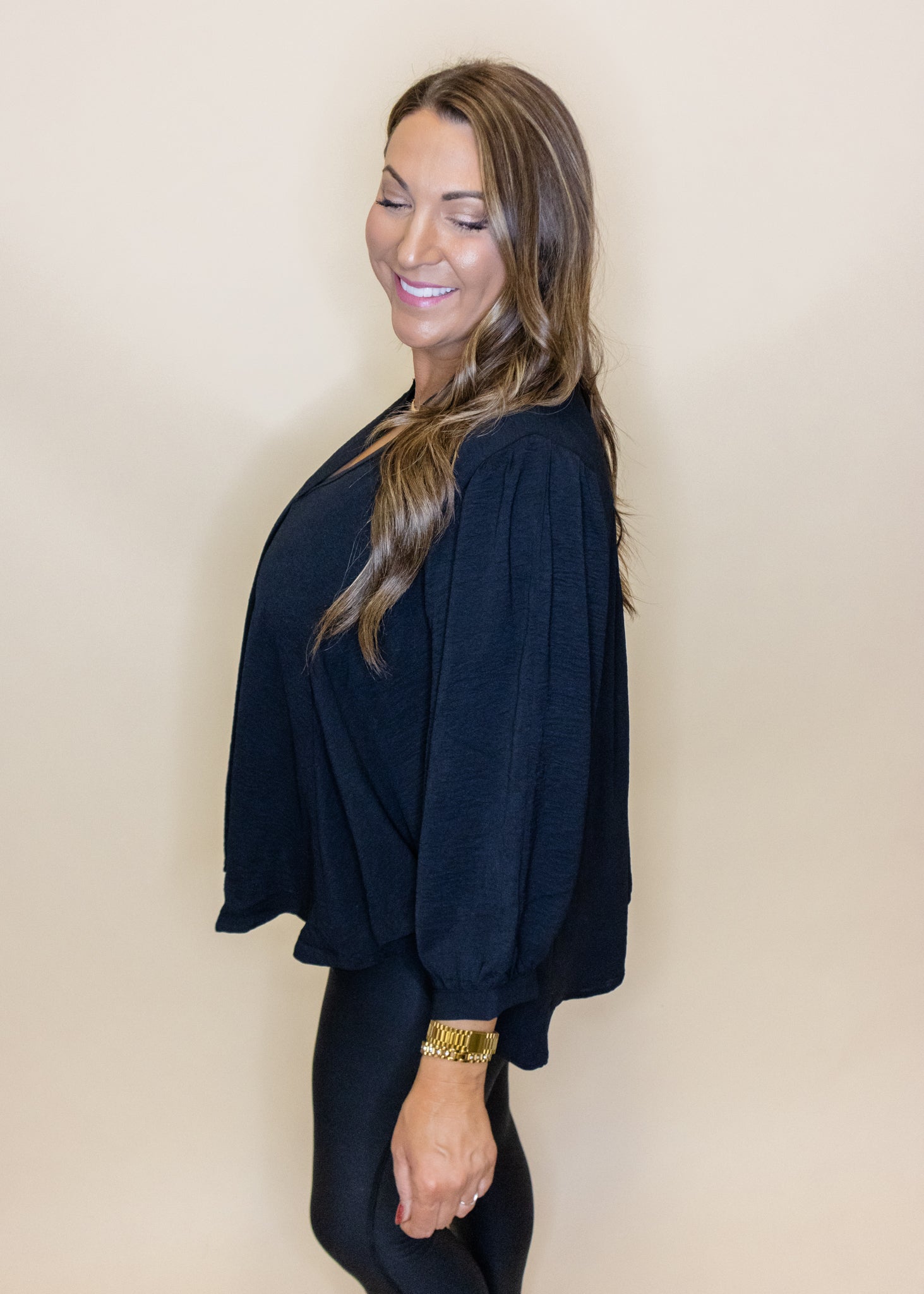 Black Solid Dolman V-Neck Top