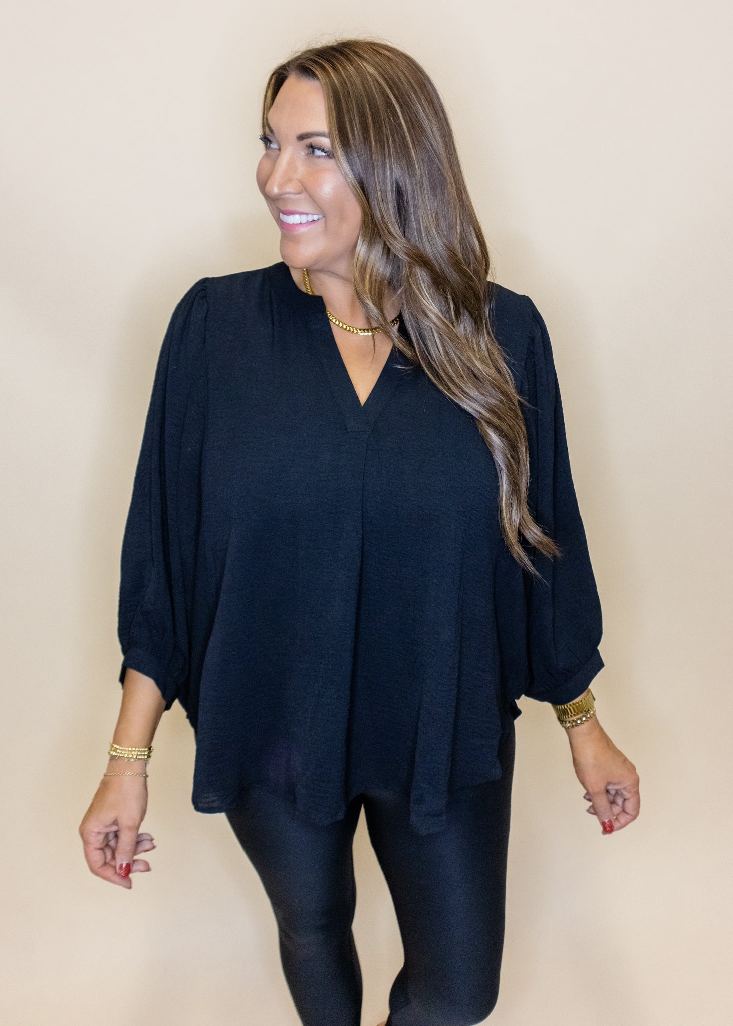 Black Solid Dolman V-Neck Top