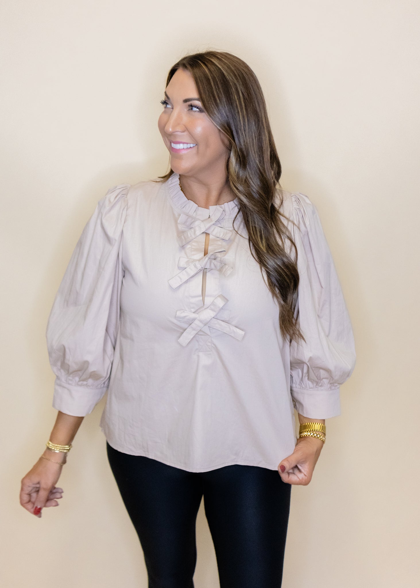 Taupe Bow High Neck Top