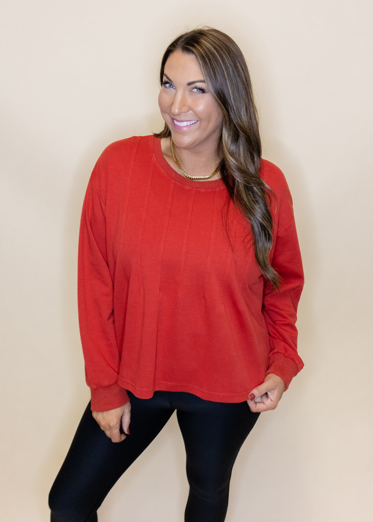 Red Solid Pintuck Top