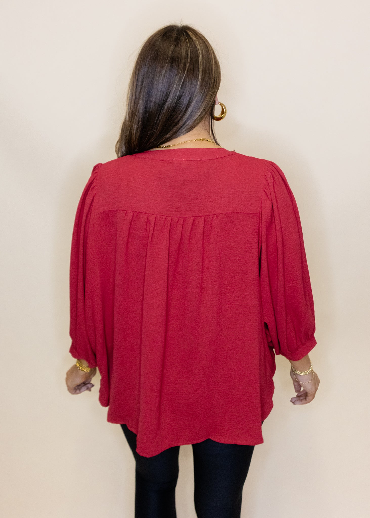 Red Solid Dolman V-Neck Top