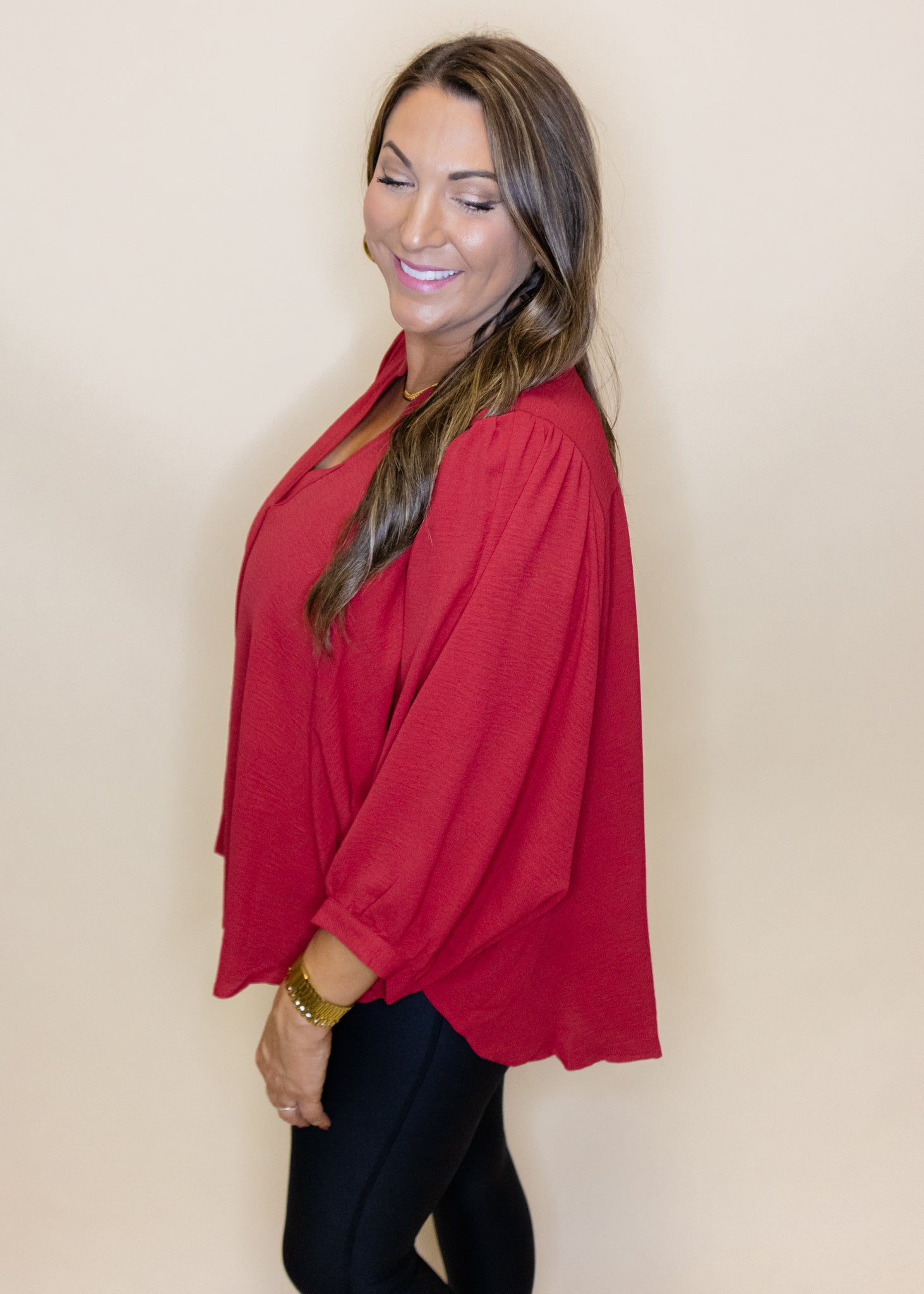 Red Solid Dolman V-Neck Top