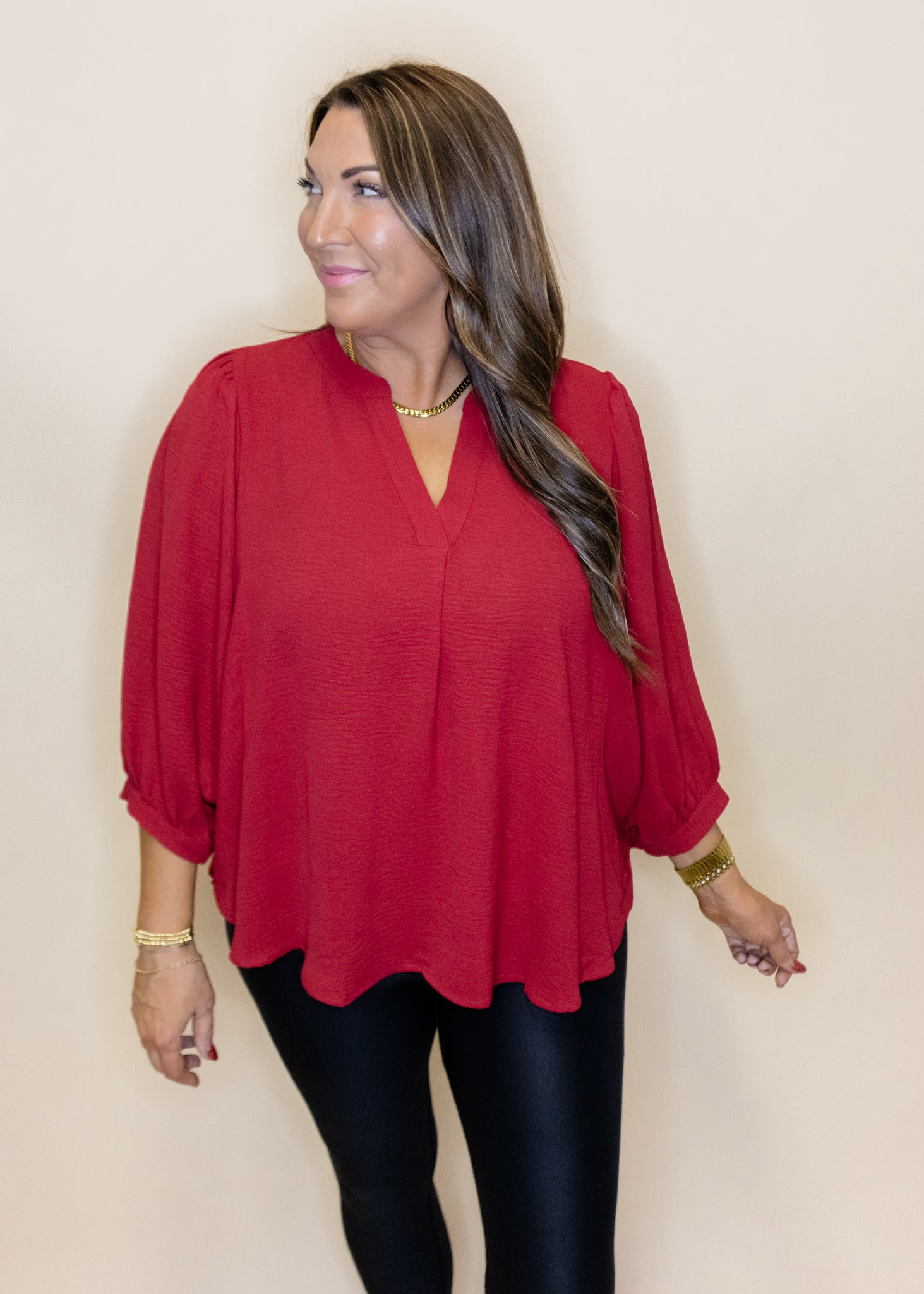 Red Solid Dolman V-Neck Top