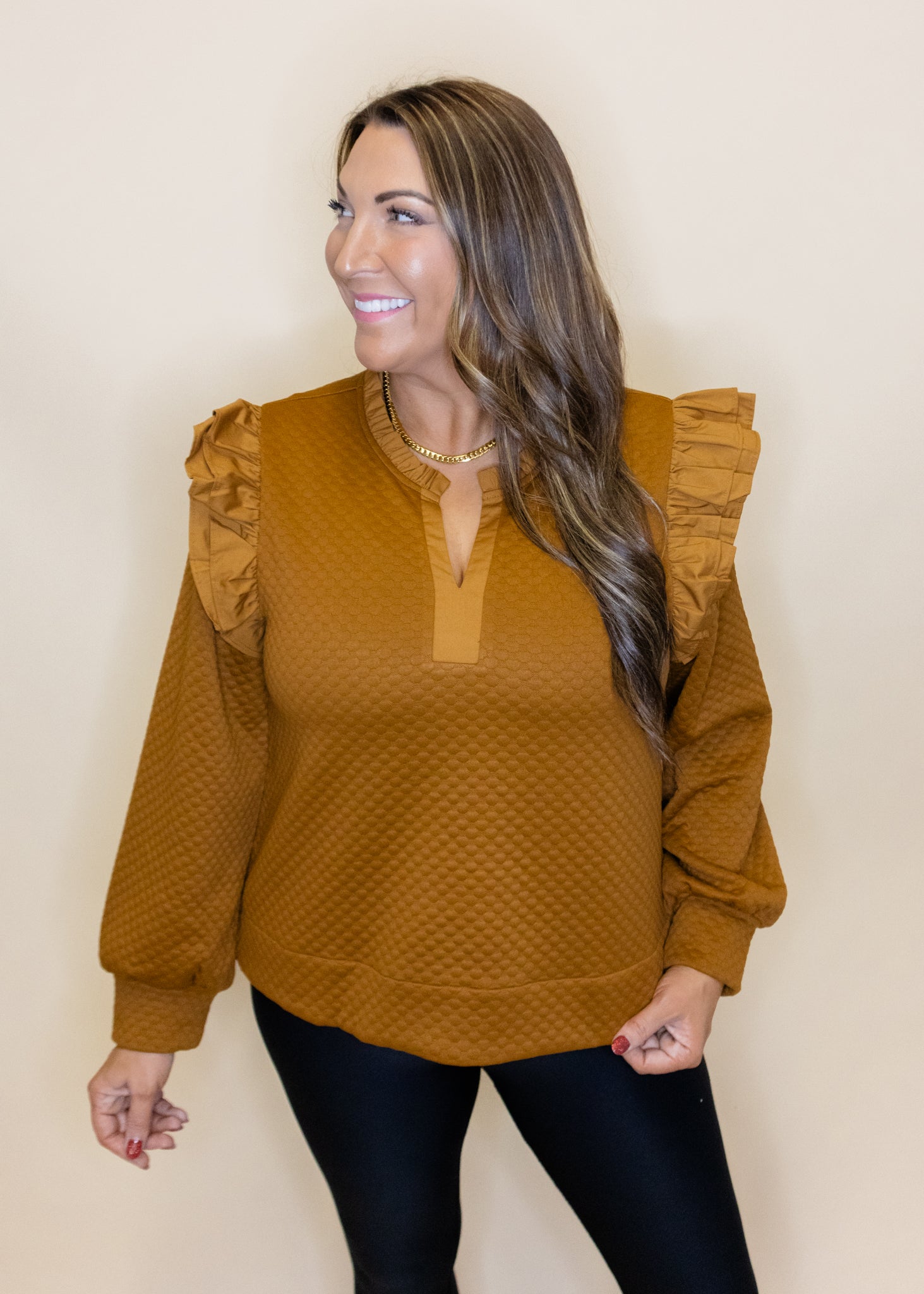 Toffee Textured Frill Sleeve Top