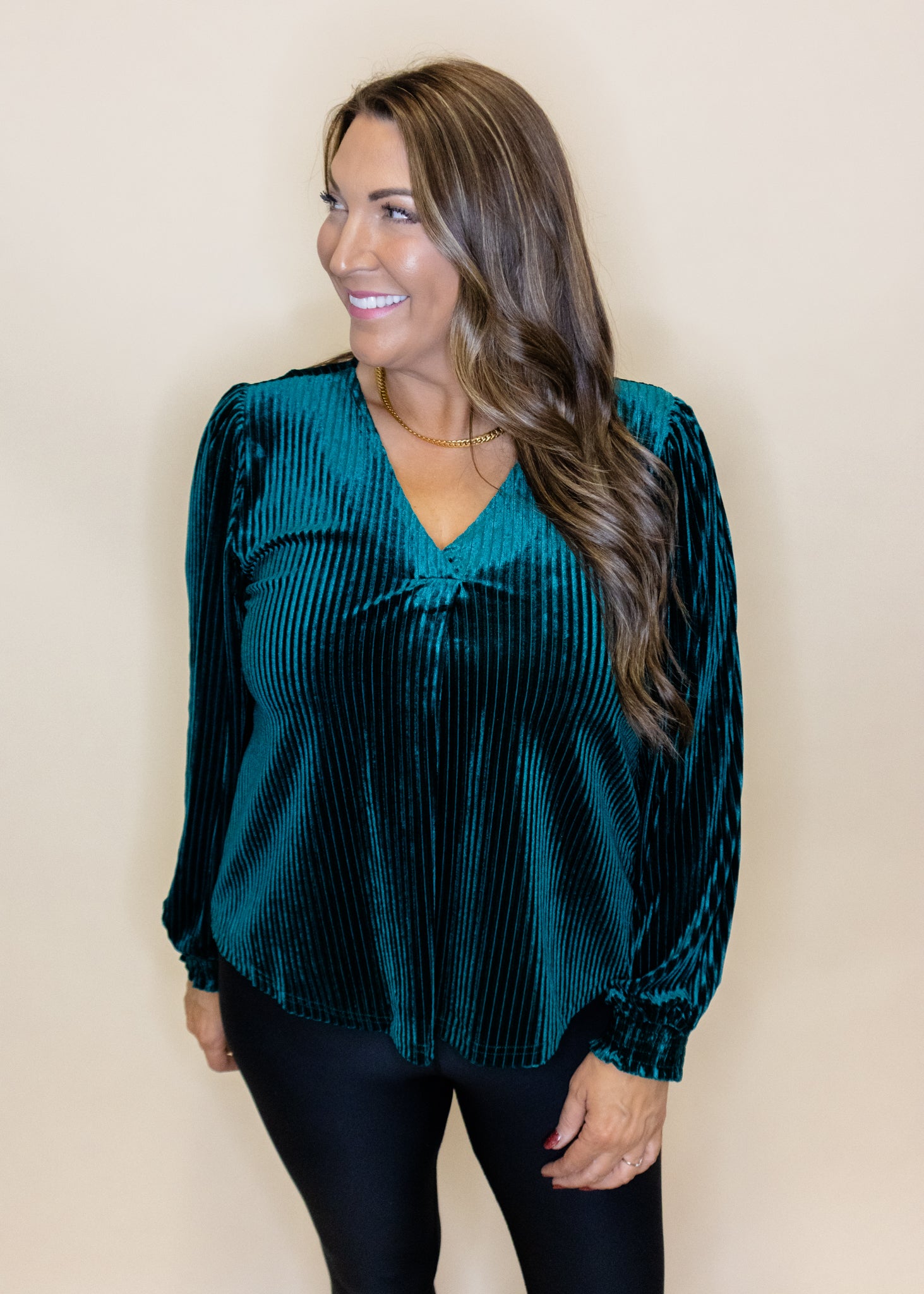 Hunter Green Velvet Pleated Top