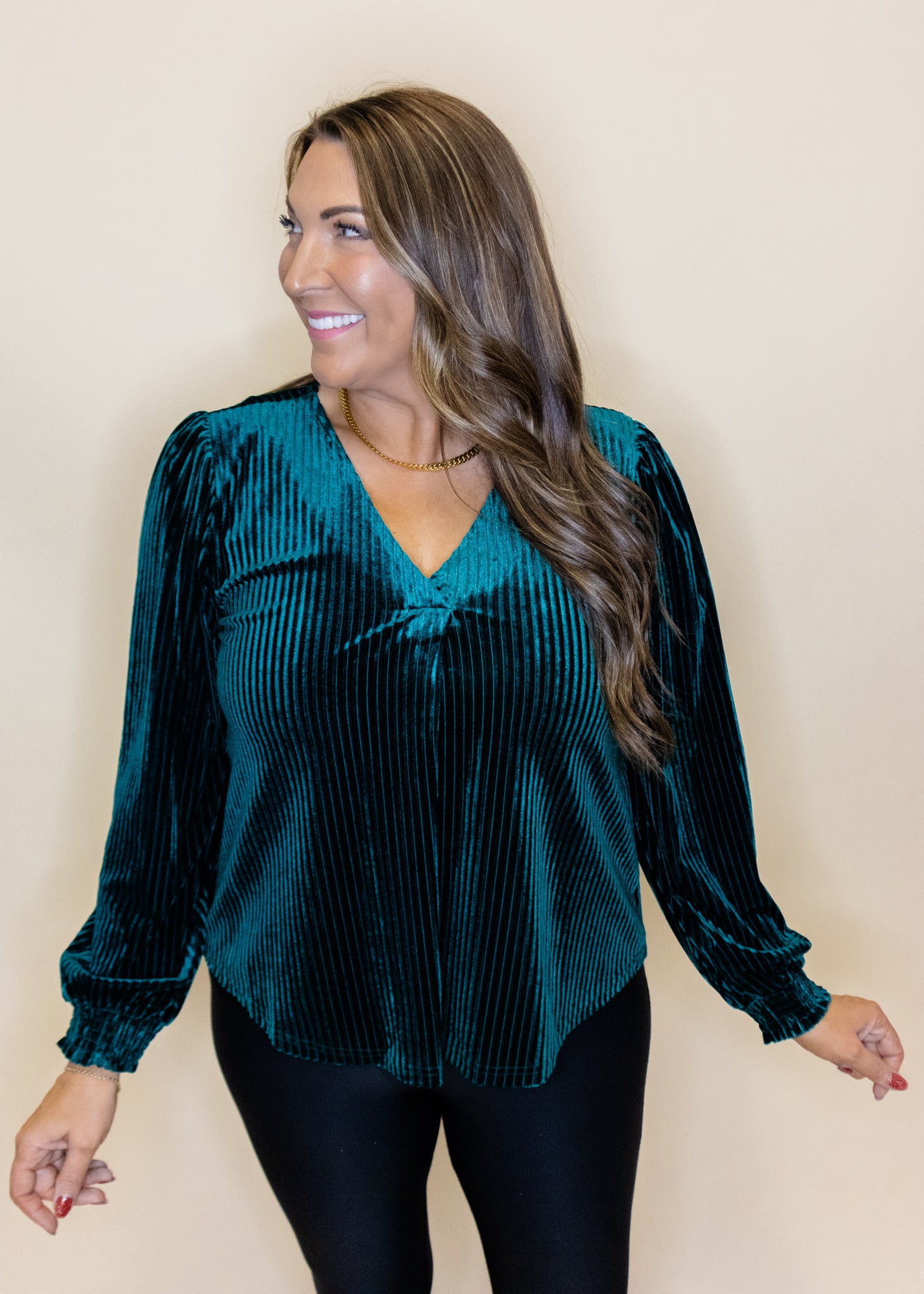 Hunter Green Velvet Pleated Top