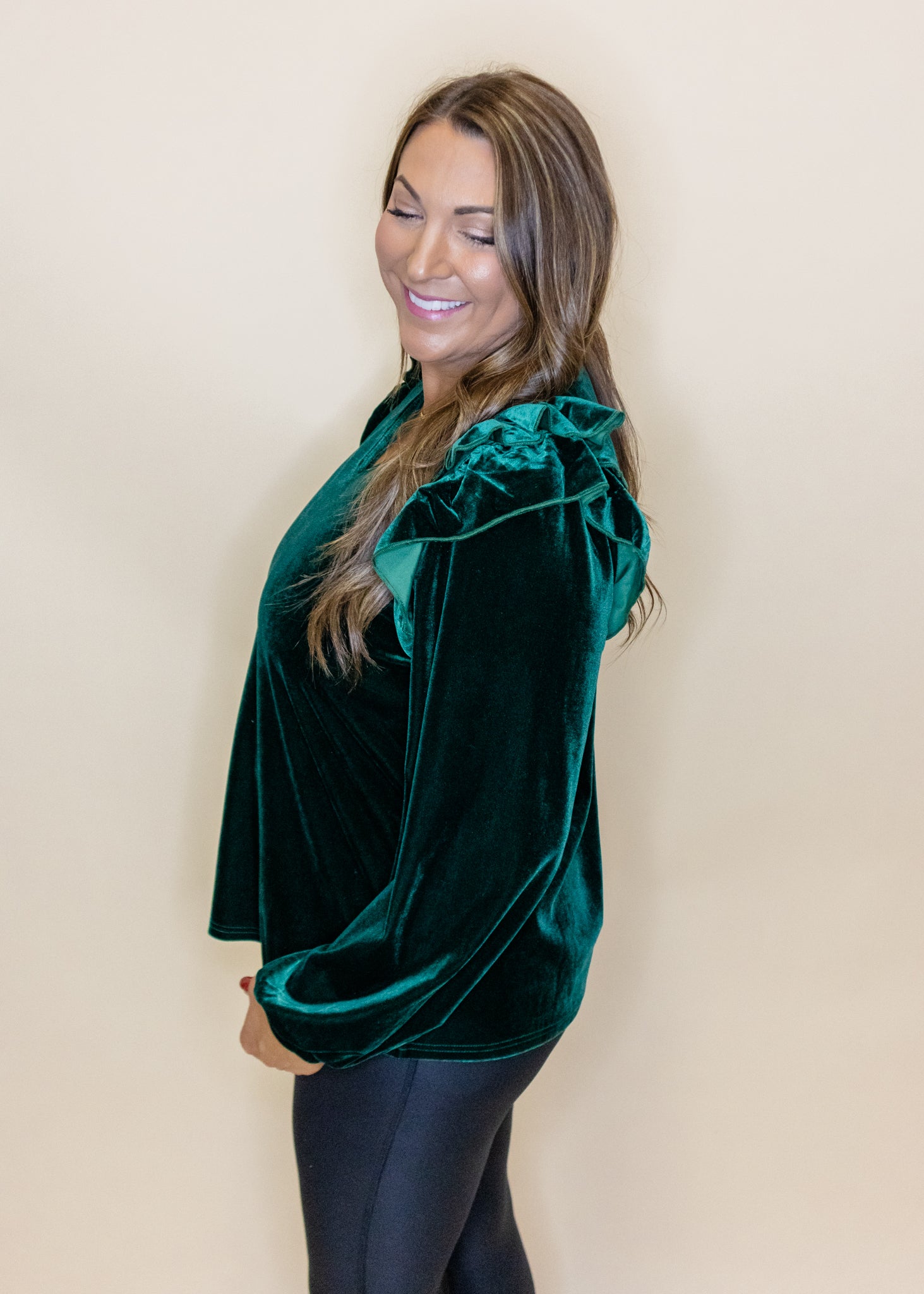 Hunter Green Velvet Ruffle Top