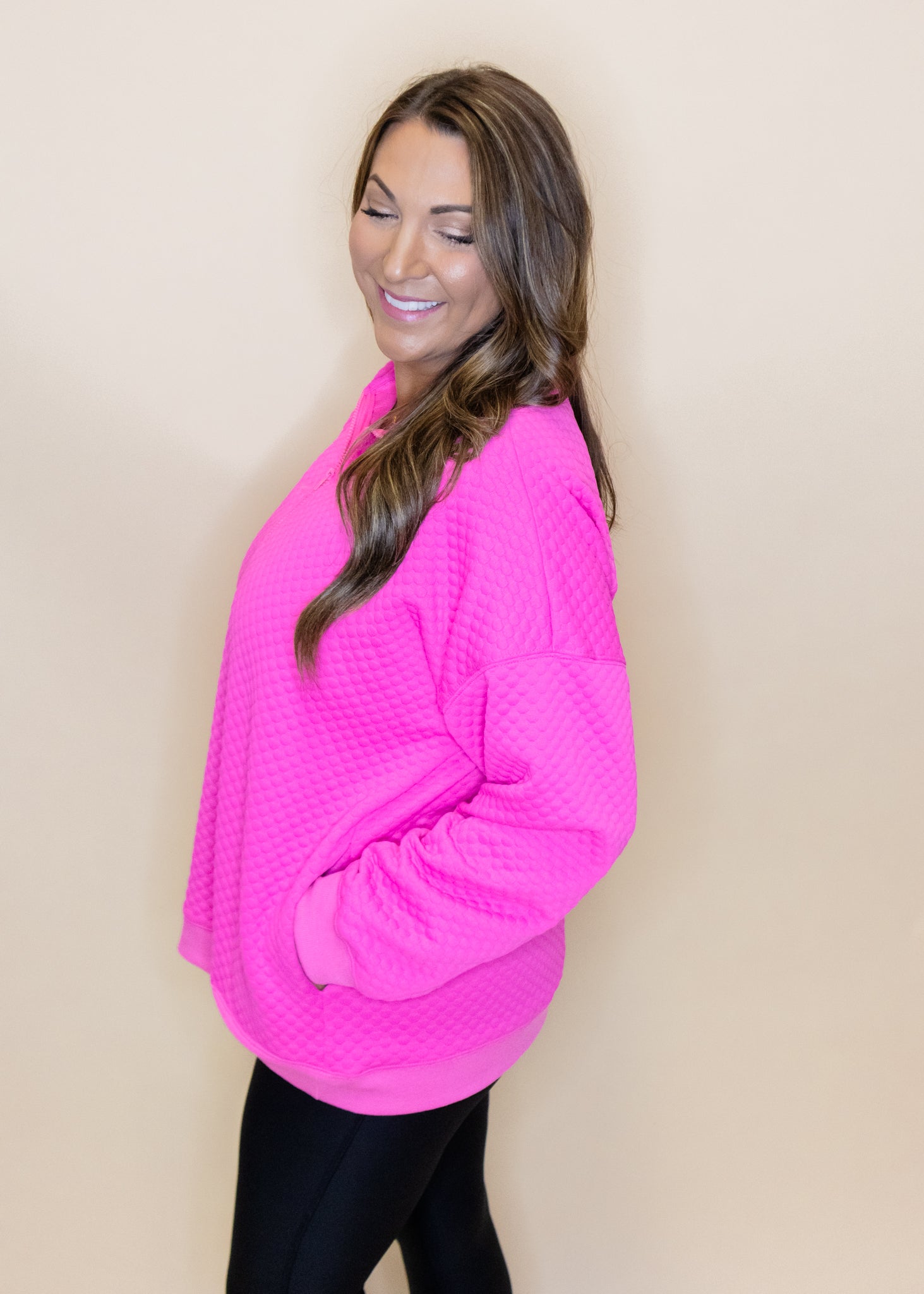 Pink Textured Half Zip Pullover