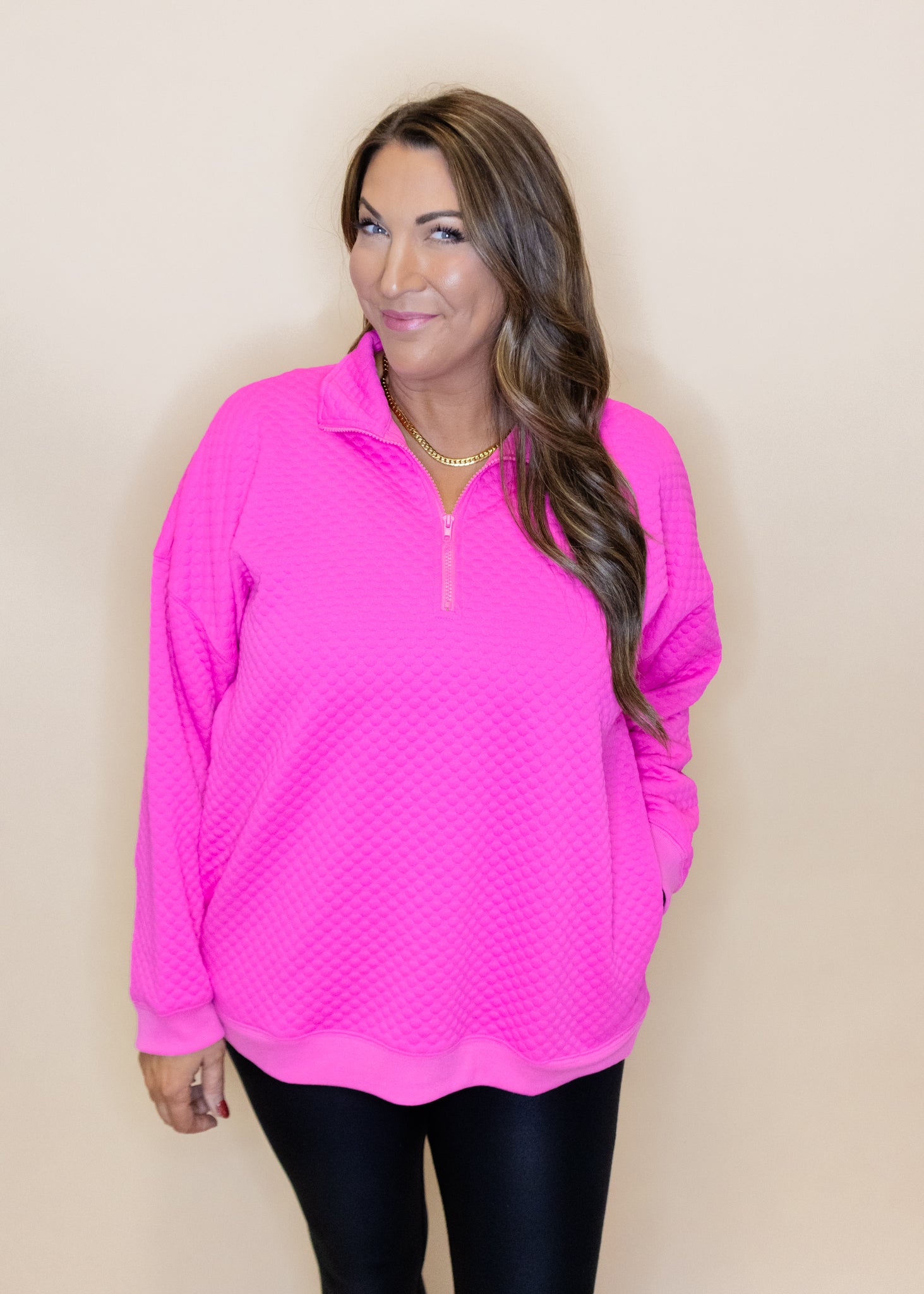 Pink Textured Half Zip Pullover