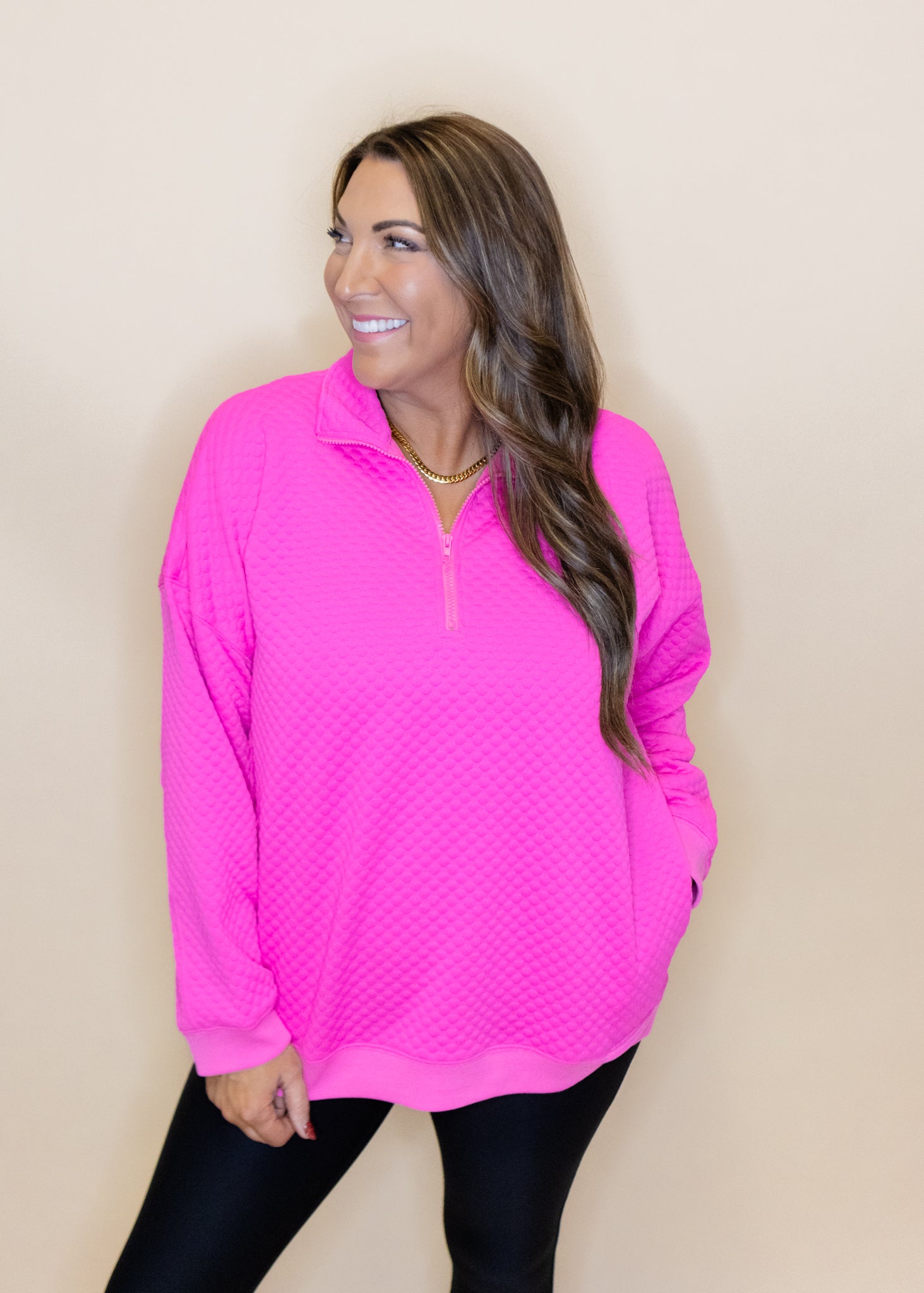 Pink Textured Half Zip Pullover