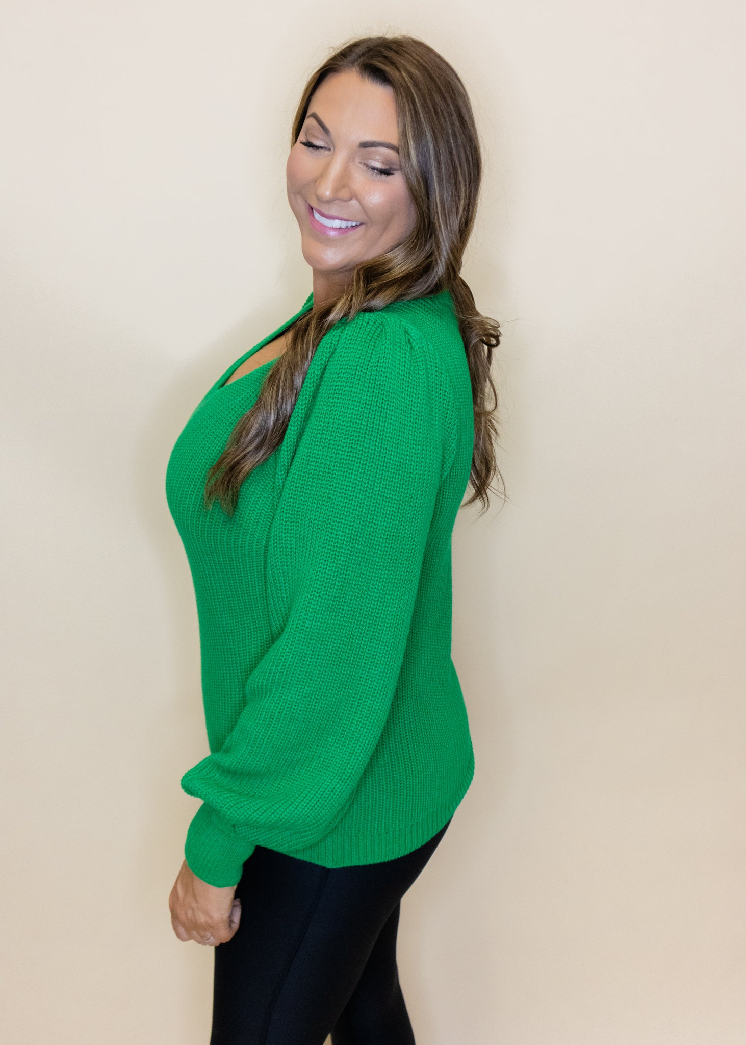 Green V-Neck Long Sleeve Sweater