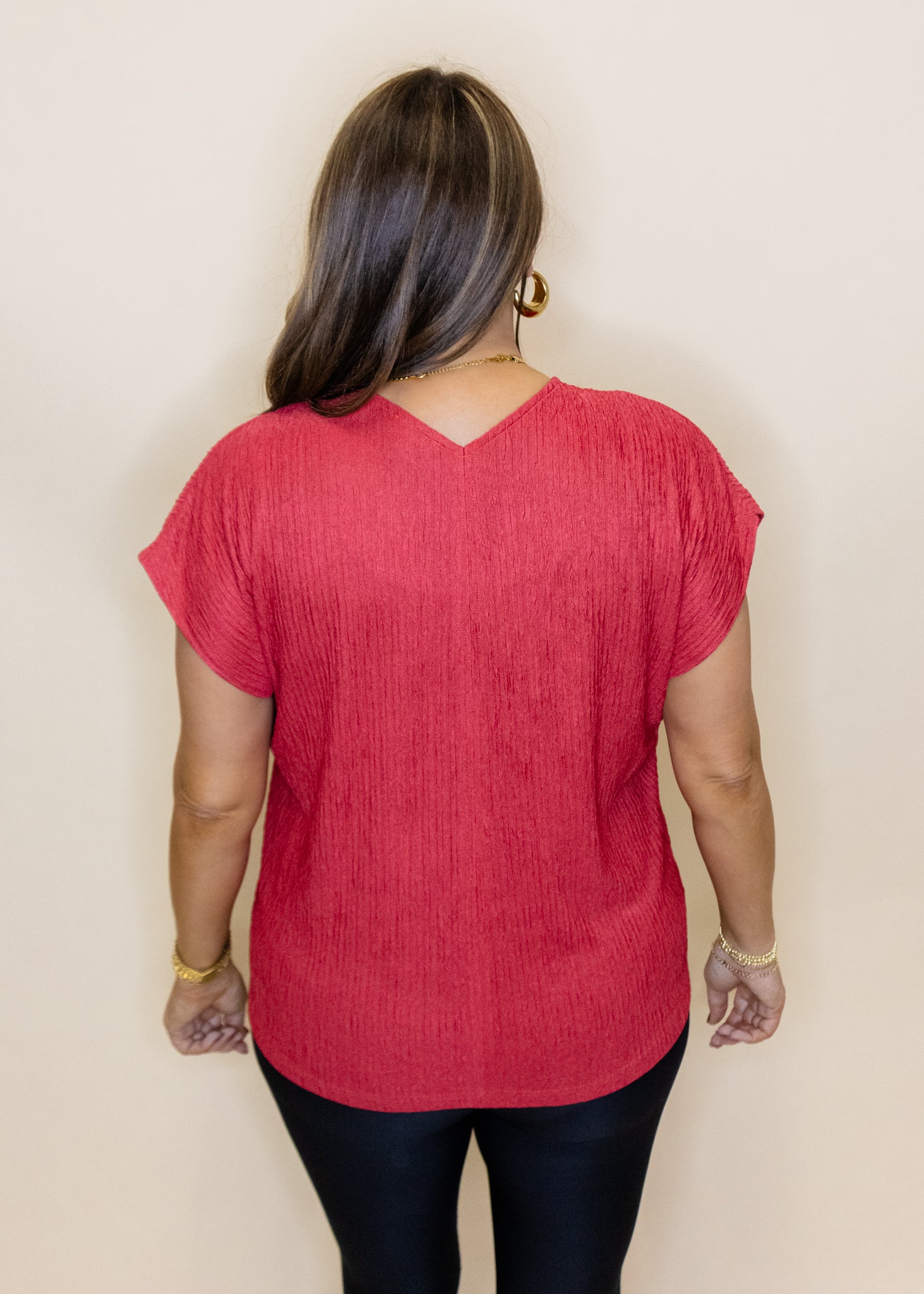 Red Textured V-Neck Top