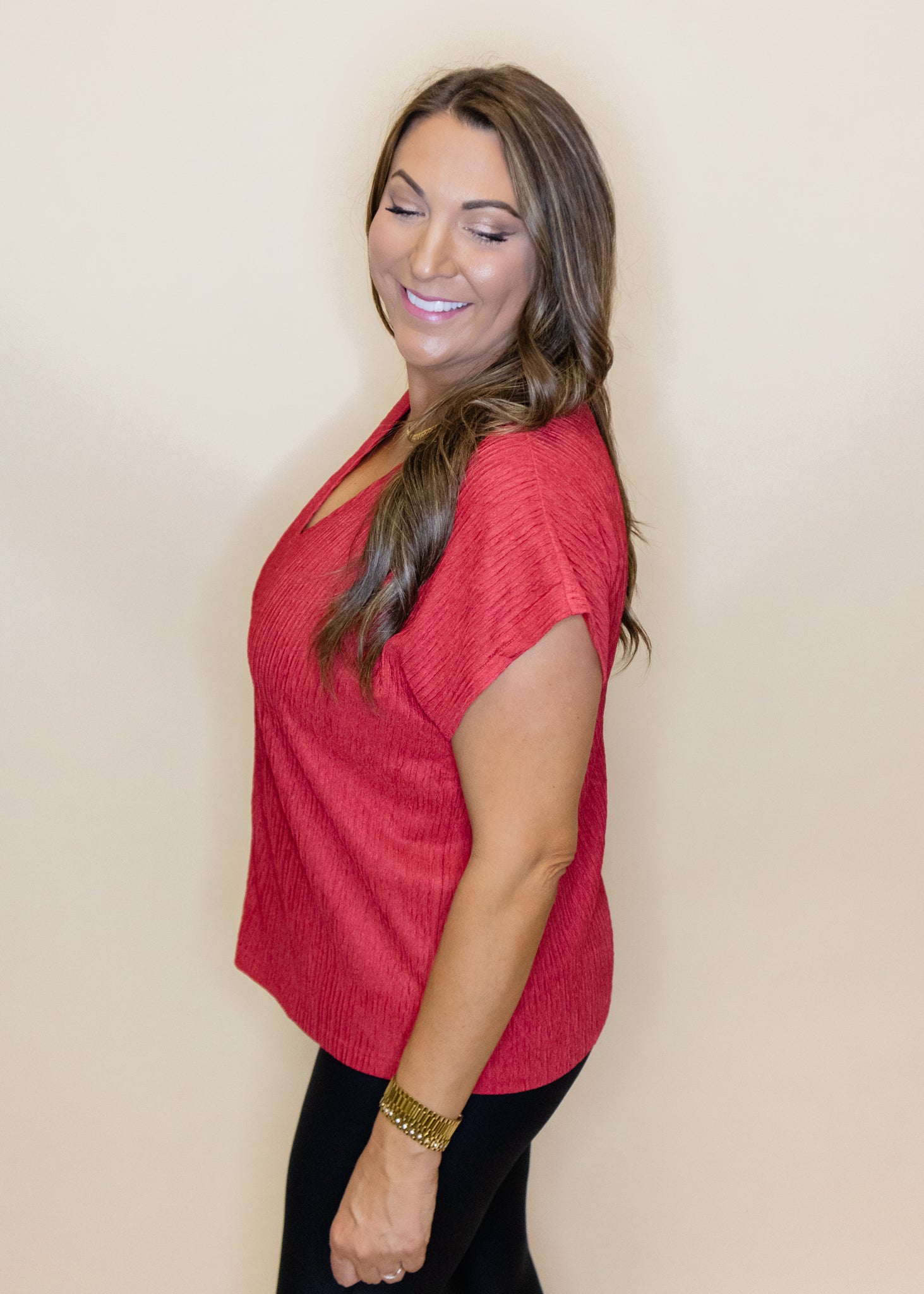 Red Textured V-Neck Top