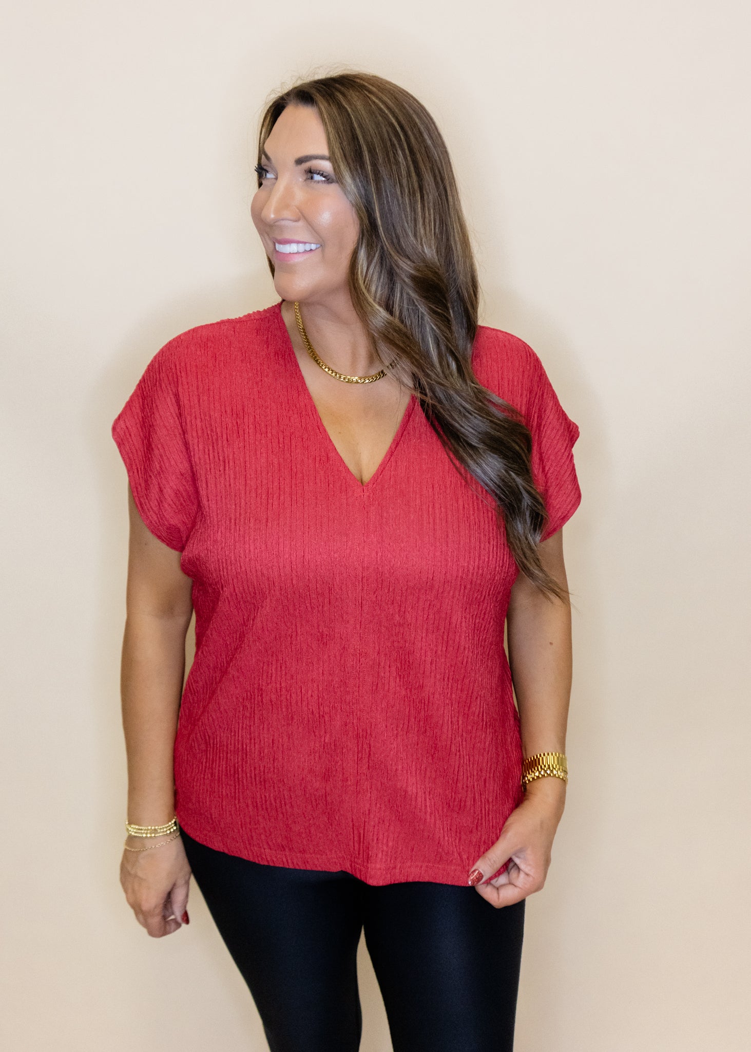 Red Textured V-Neck Top