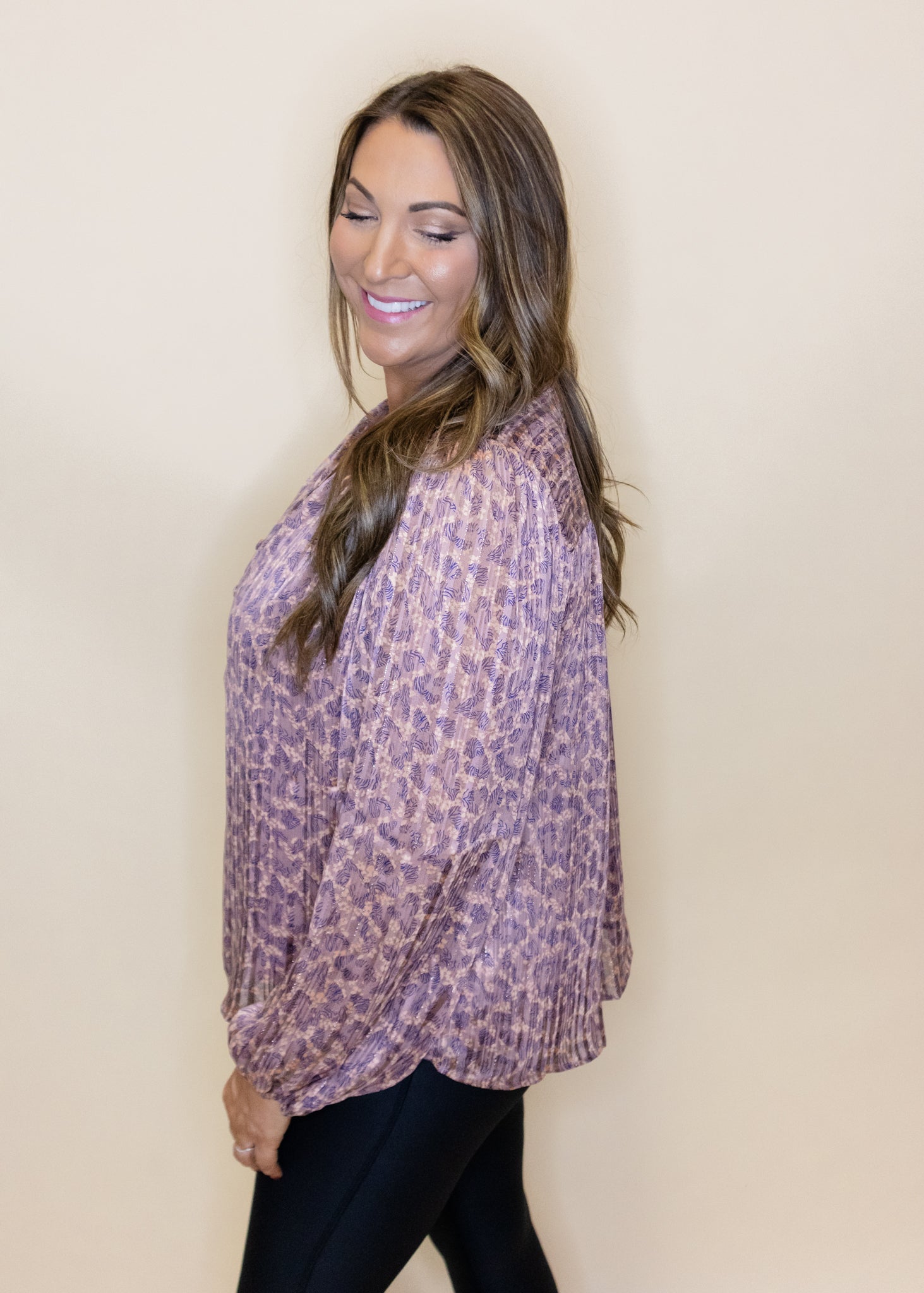 Mauve Leopard Pleat Button Top