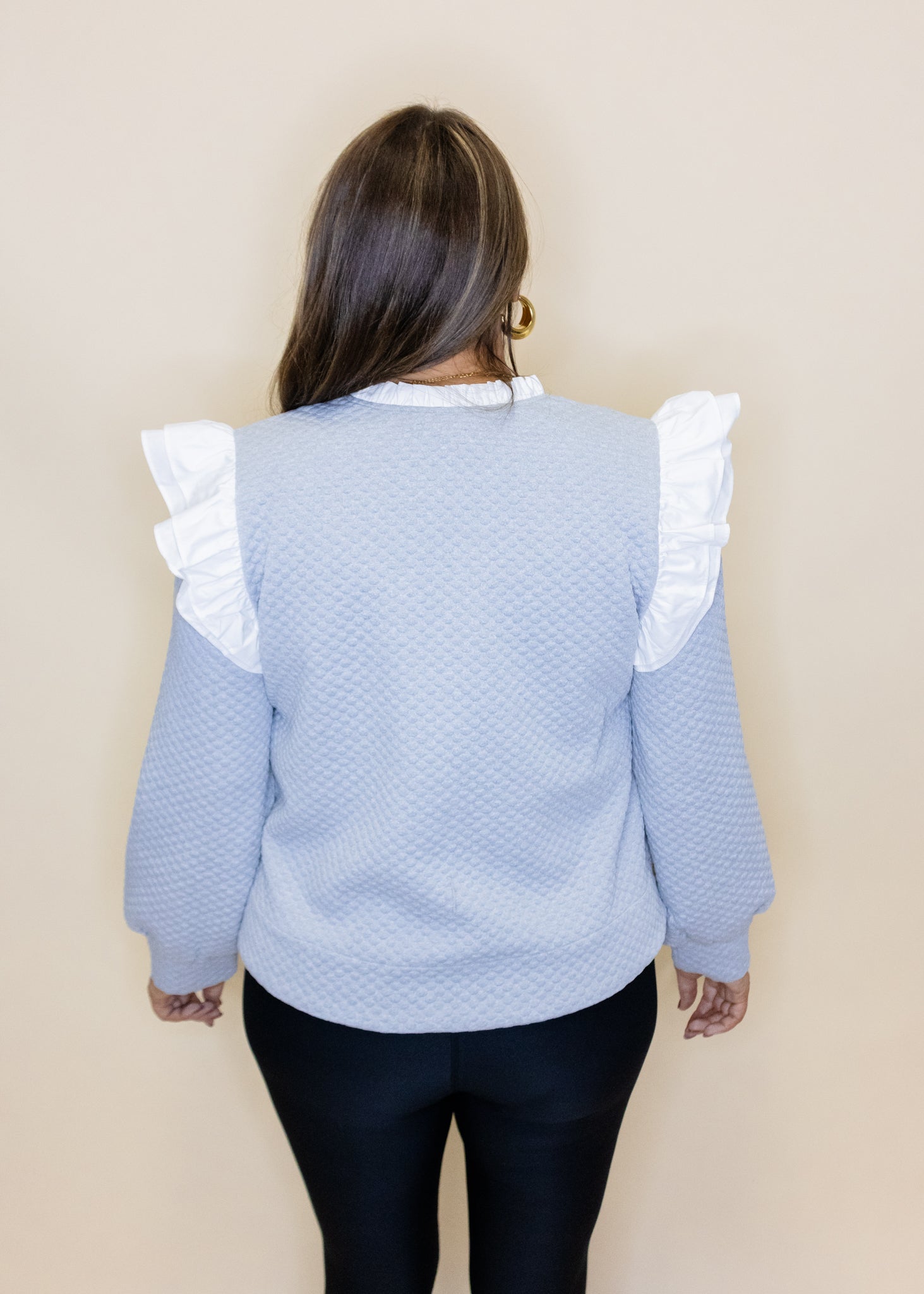 Grey Textured Frill Sleeve Top